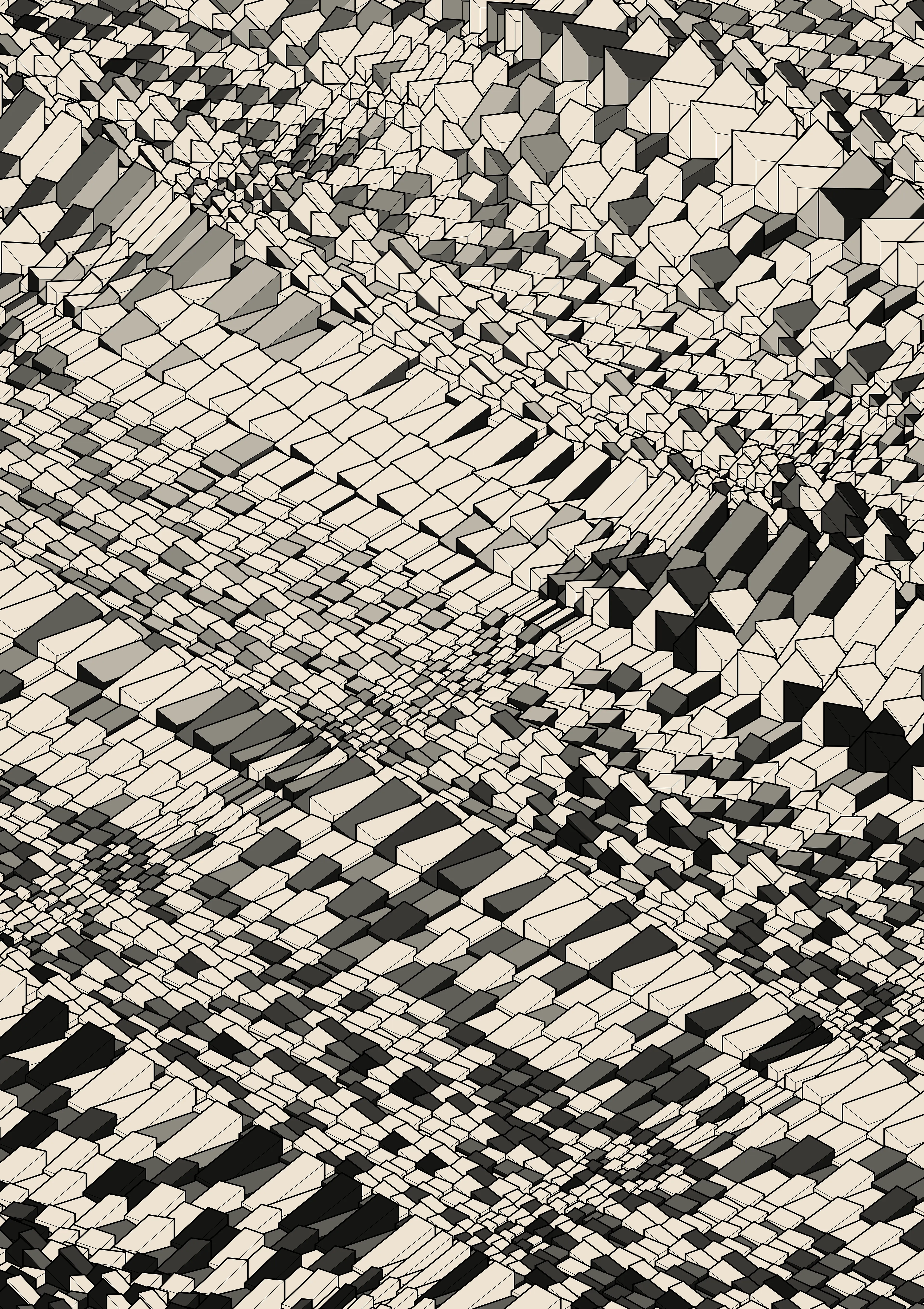 EXPANSE divides the plane into a grid and extrudes each cell of the grid into cuboids of various dimensions.

Each face on each cuboid is colored based on its slant, relative to a light source. Laws of illumination turns this geometrical relation into a numerical value which is subsequently mapped to a location in a custom color space, giving each face its color.

With the shapes and colors so tightly linked, by using repetitious rules when deciding upon dimensions and slants, chromatic patterns and tendencies emerge as well.