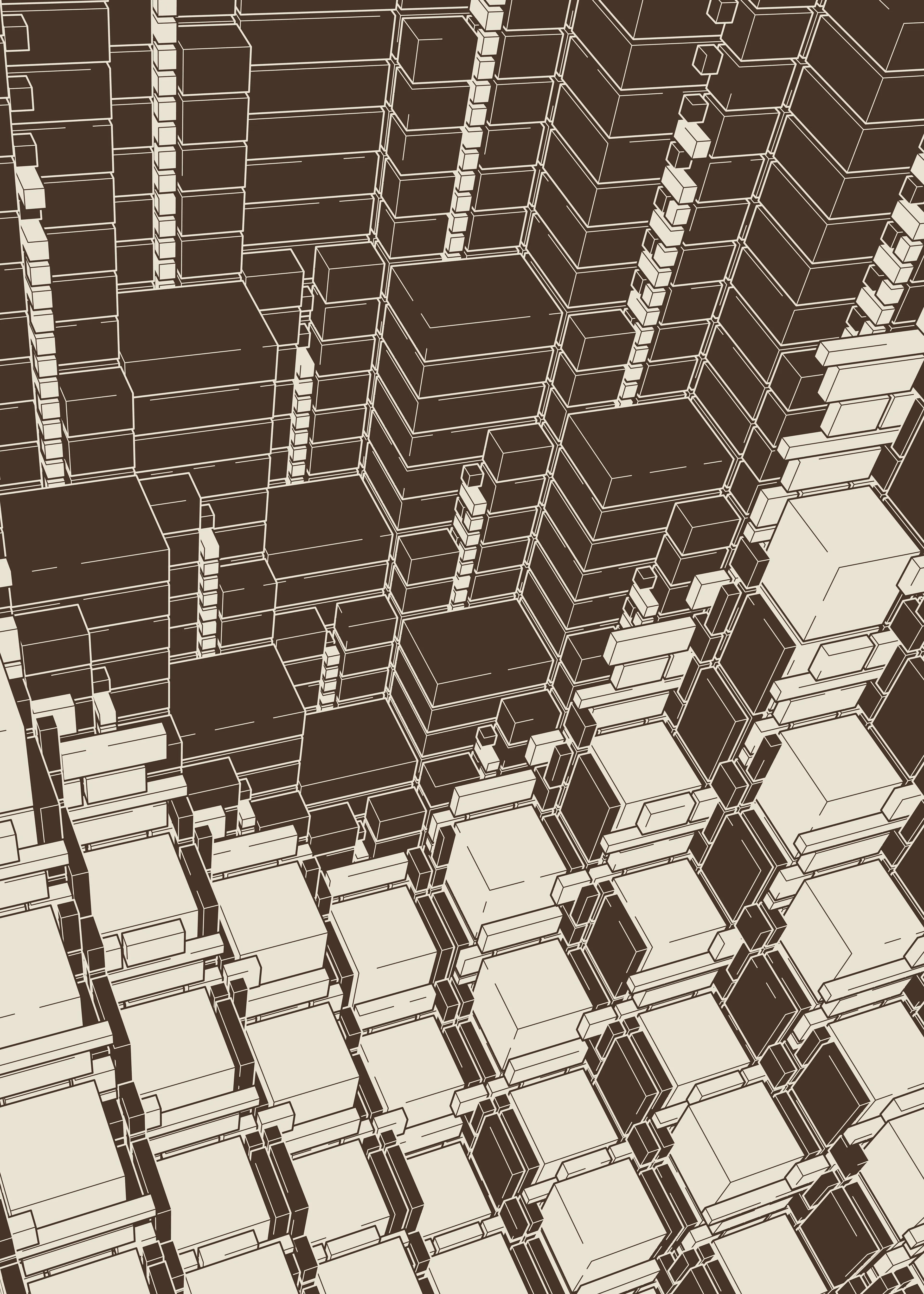 ‘Change of Basis’ picks up the thread from Kjetil’s earlier partitioning algorithms and extends them into the third dimension. Repeat a structural pattern in two dimensions, then create a diagonal cross-section in the third dimension, and you are left with something like an evolving pattern-gradient. By cross-sectioning cubes in specific ways, the simple initial patterns come alive, creating cathedral-like structures and a sense of massive scale. While highly geometric and rule-based, the expression of the pieces are softened up by bright colors and playful linework. Inspiration is taken from Moebius’ Sci-fi illustrations as well as Pushwagner’s striking perspective.

Each 1/1 NFT in the 'Change of Basis' series is accompanied by a Fine Art Print (120x85 cm) signed by the artist.