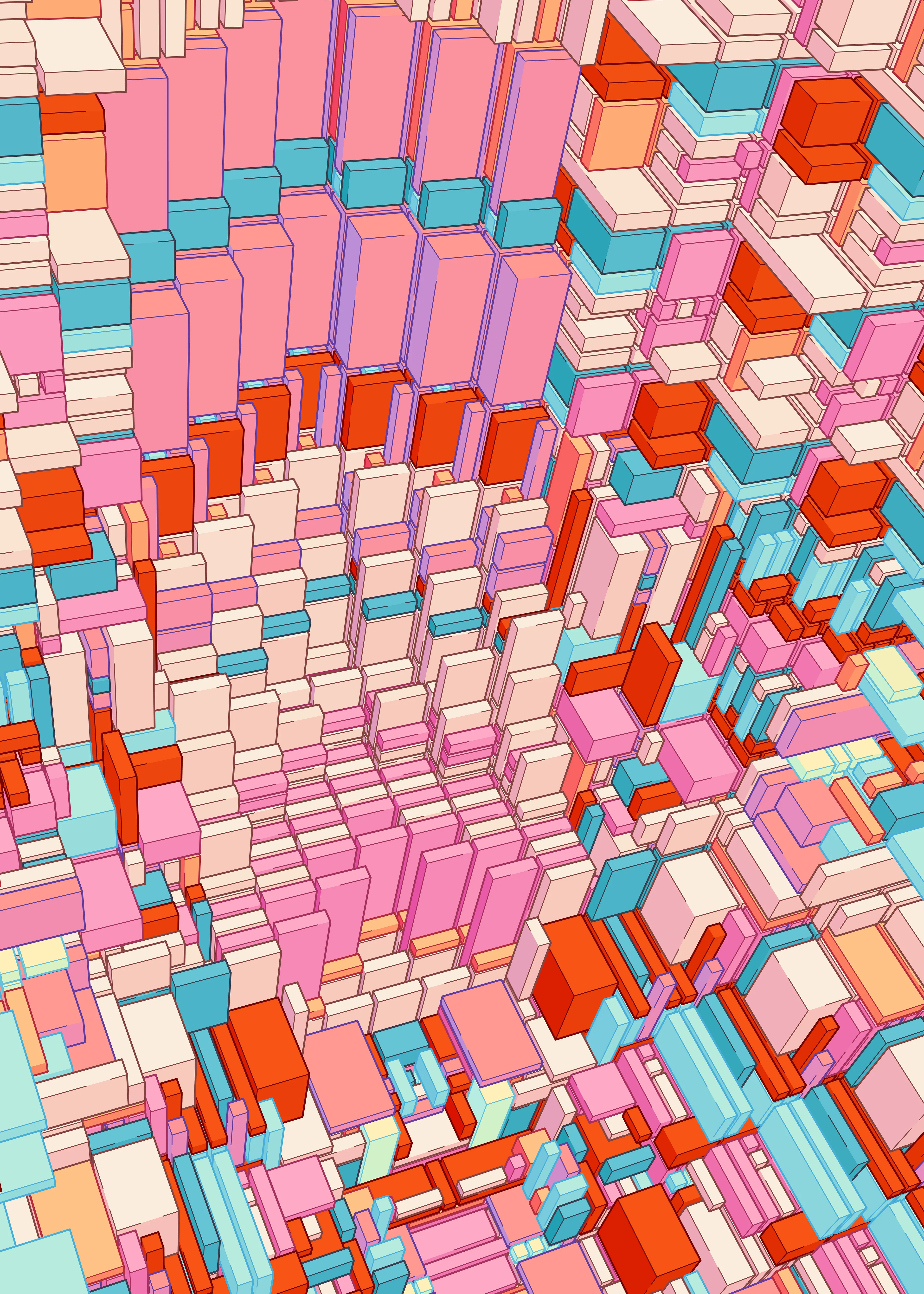 ‘Change of Basis’ picks up the thread from Kjetil’s earlier partitioning algorithms and extends them into the third dimension. Repeat a structural pattern in two dimensions, then create a diagonal cross-section in the third dimension, and you are left with something like an evolving pattern-gradient. By cross-sectioning cubes in specific ways, the simple initial patterns come alive, creating cathedral-like structures and a sense of massive scale. While highly geometric and rule-based, the expression of the pieces are softened up by bright colors and playful linework. Inspiration is taken from Moebius’ Sci-fi illustrations as well as Pushwagner’s striking perspective.

Each 1/1 NFT in the 'Change of Basis' series is accompanied by a Fine Art Print (120x85 cm) signed by the artist.