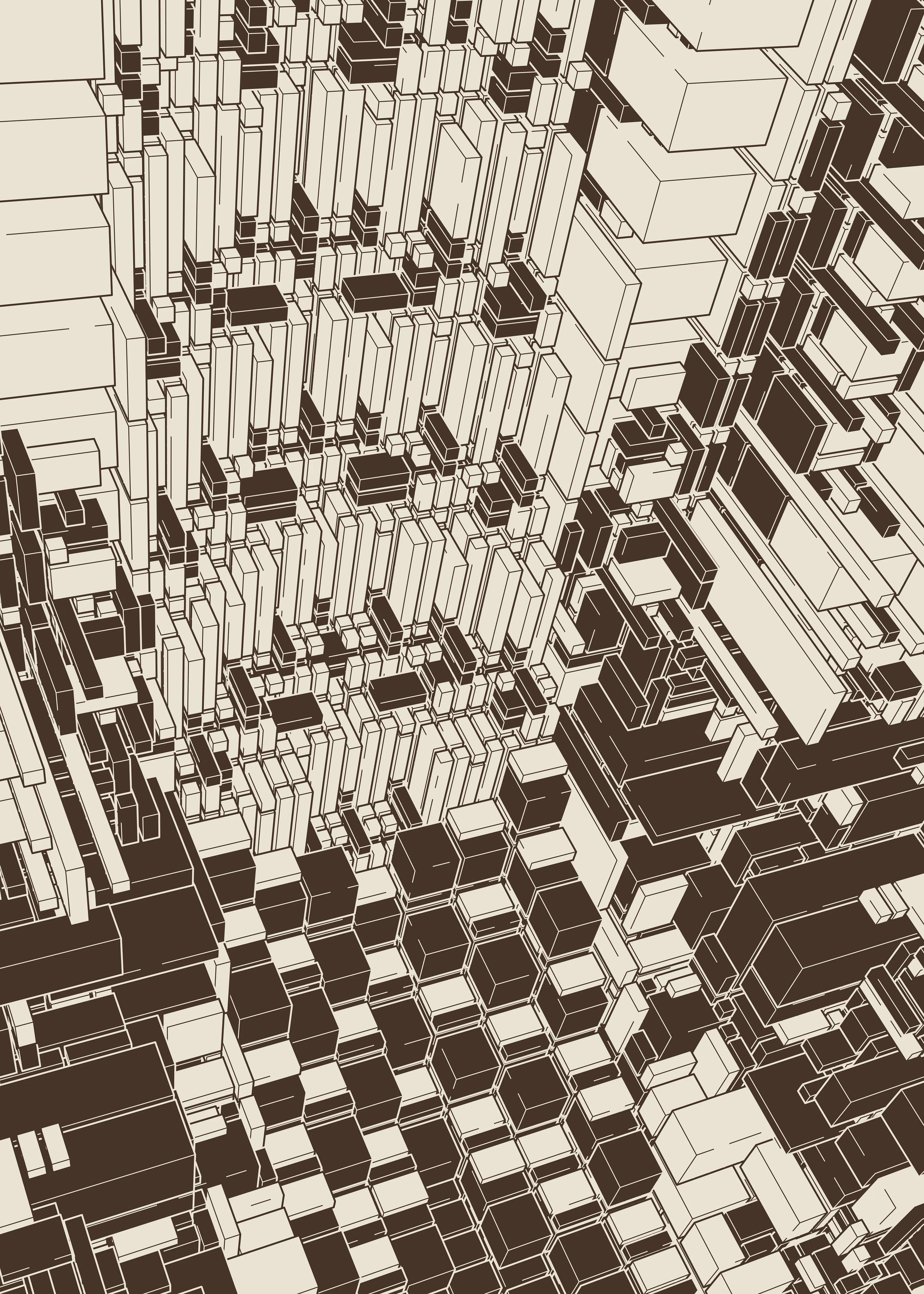 ‘Change of Basis’ picks up the thread from Kjetil’s earlier partitioning algorithms and extends them into the third dimension. Repeat a structural pattern in two dimensions, then create a diagonal cross-section in the third dimension, and you are left with something like an evolving pattern-gradient. By cross-sectioning cubes in specific ways, the simple initial patterns come alive, creating cathedral-like structures and a sense of massive scale. While highly geometric and rule-based, the expression of the pieces are softened up by bright colors and playful linework. Inspiration is taken from Moebius’ Sci-fi illustrations as well as Pushwagner’s striking perspective.

Each 1/1 NFT in the 'Change of Basis' series is accompanied by a Fine Art Print (120x85 cm) signed by the artist.