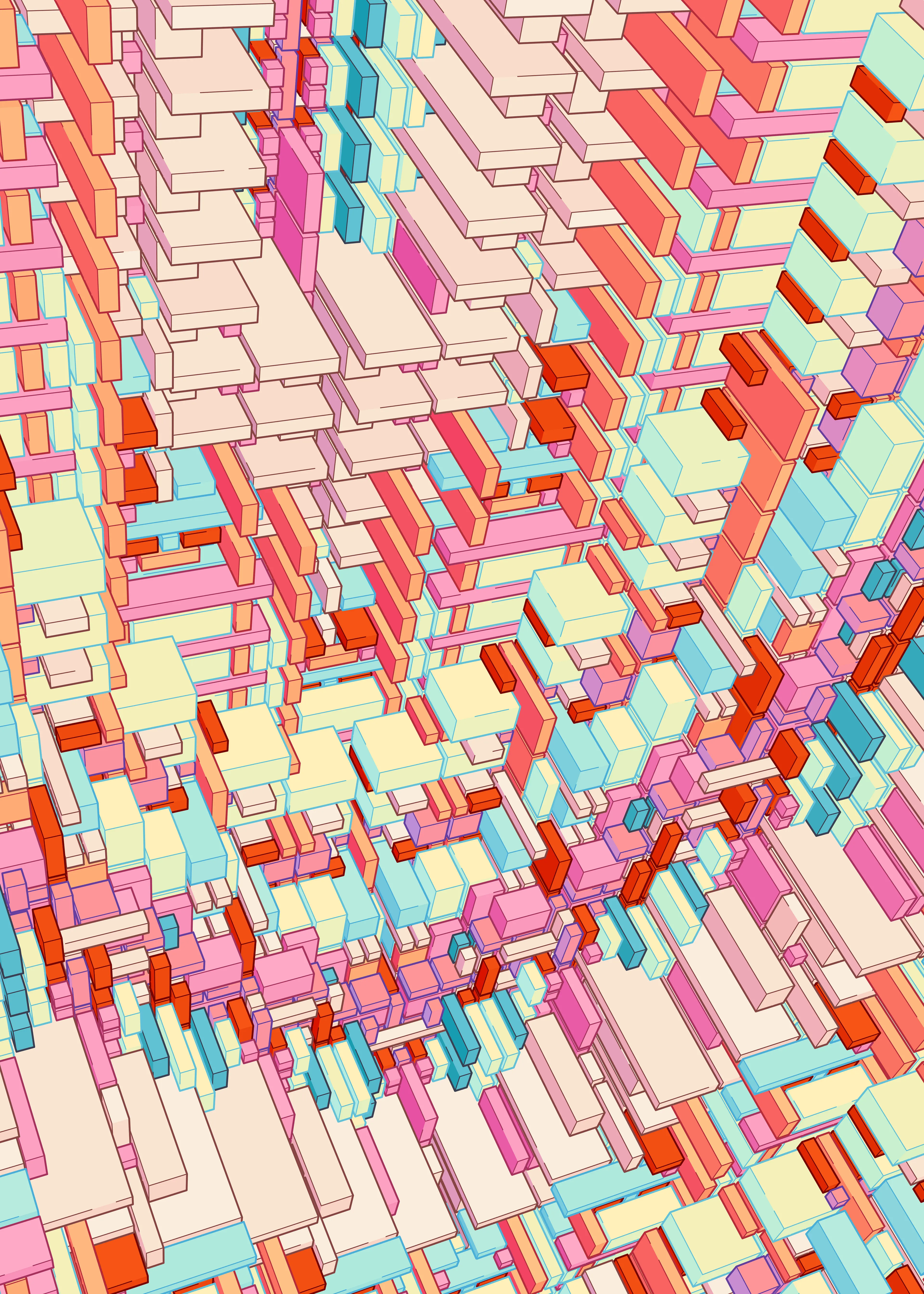 ‘Change of Basis’ picks up the thread from Kjetil’s earlier partitioning algorithms and extends them into the third dimension. Repeat a structural pattern in two dimensions, then create a diagonal cross-section in the third dimension, and you are left with something like an evolving pattern-gradient. By cross-sectioning cubes in specific ways, the simple initial patterns come alive, creating cathedral-like structures and a sense of massive scale. While highly geometric and rule-based, the expression of the pieces are softened up by bright colors and playful linework. Inspiration is taken from Moebius’ Sci-fi illustrations as well as Pushwagner’s striking perspective.

Each 1/1 NFT in the 'Change of Basis' series is accompanied by a Fine Art Print (120x85 cm) signed by the artist.