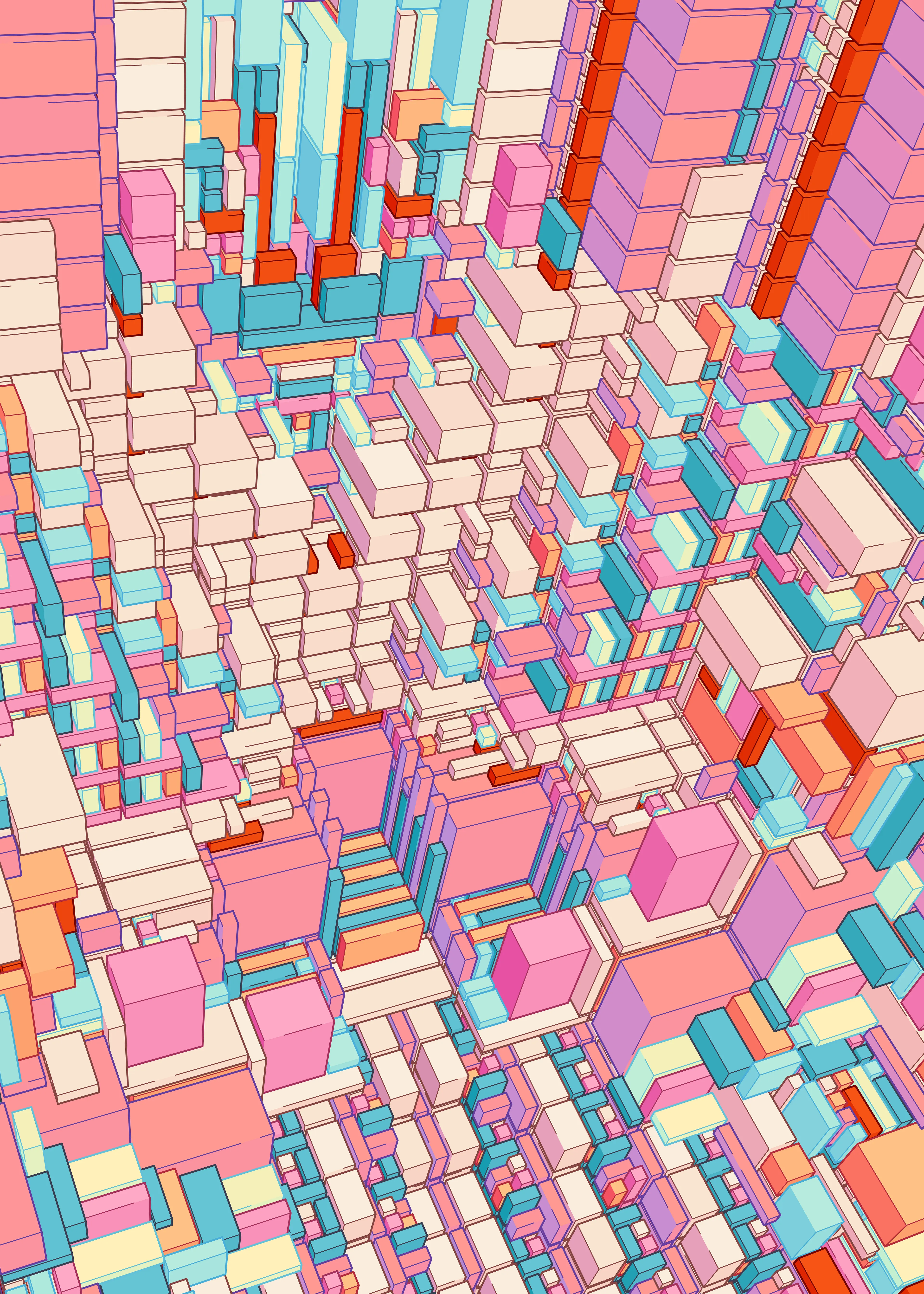 ‘Change of Basis’ picks up the thread from Kjetil’s earlier partitioning algorithms and extends them into the third dimension. Repeat a structural pattern in two dimensions, then create a diagonal cross-section in the third dimension, and you are left with something like an evolving pattern-gradient. By cross-sectioning cubes in specific ways, the simple initial patterns come alive, creating cathedral-like structures and a sense of massive scale. While highly geometric and rule-based, the expression of the pieces are softened up by bright colors and playful linework. Inspiration is taken from Moebius’ Sci-fi illustrations as well as Pushwagner’s striking perspective.

Each 1/1 NFT in the 'Change of Basis' series is accompanied by a Fine Art Print (120x85 cm) signed by the artist.