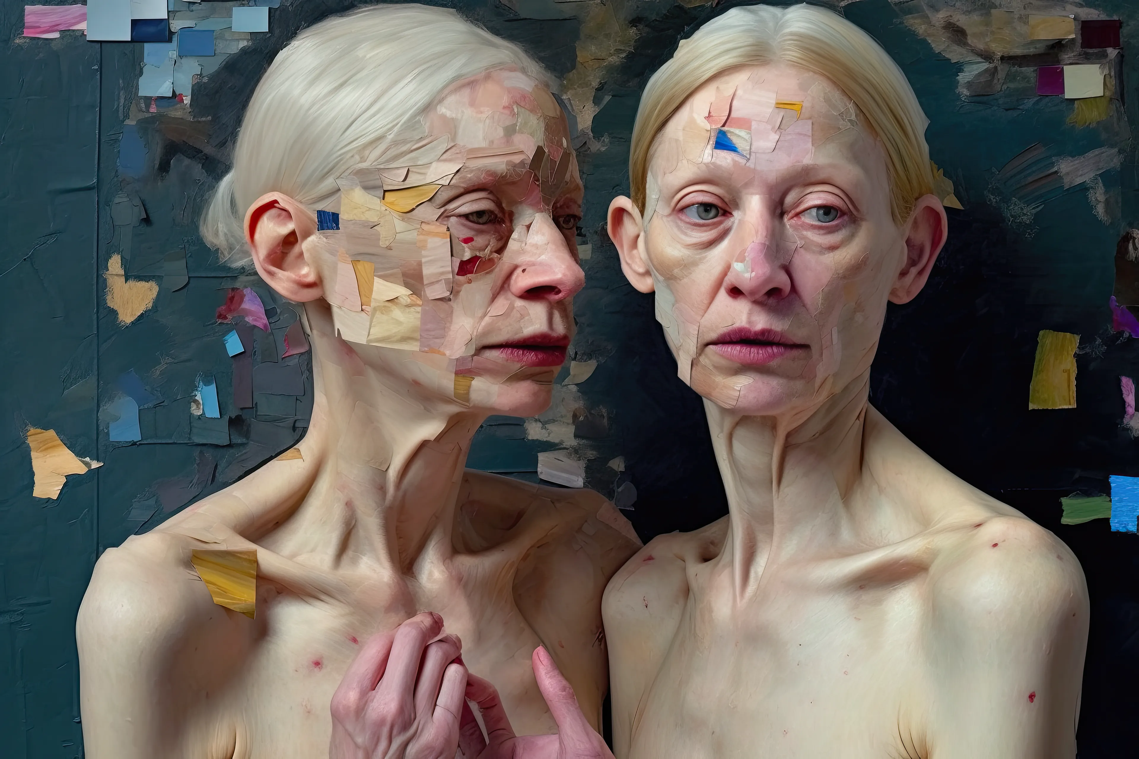 In this deeply personal series, I breathe life into older women woven together by shared emotions. This collection is a glimpse into my self-portrait journey, where I confront my own aging fears. It all began three decades ago, ignited by a fascination for painting older women. The rush of emotions, a blend of profound positivity and negativity, transformed aging bodies into my canvas – a cathartic passage through time's embrace.

In the realm of AI-infused artistry, paint and paper cloak segments of the work, much like the hidden corners of our selves. Do these veiled fragments hide or expose the essence within? This echoes the ever-evolving layers we unveil or conceal as we journey through aging. As a traditional painter, I employ patches of paint, revealing or obscuring the genuine beneath, prompting contemplation of our shared boundaries between privacy and openness.

A choreography of abstract forms and tangible images unfolds, a dance echoing life's beautiful chaos. Colours and shapes intertwine, a mirror of existence's complexity where dreams coalesce with reality.

As these women shift perspectives or unite, they grapple with self-love and self-discovery, echoing the universal voyage we all undertake with age. It's a potent blend of strength and vulnerability. A recurring motif is the presence of letters – words that hold both the desire to share and the allure of the shadowed self.

Through my art, I seek to capture our timeless human narrative – a tale etched with joyous highs and somber lows. My canvas is a mirror reflecting the intricacies of existence. Just as the artistic process evolves, so does life, in an ever-changing journey – forever precious and unique.