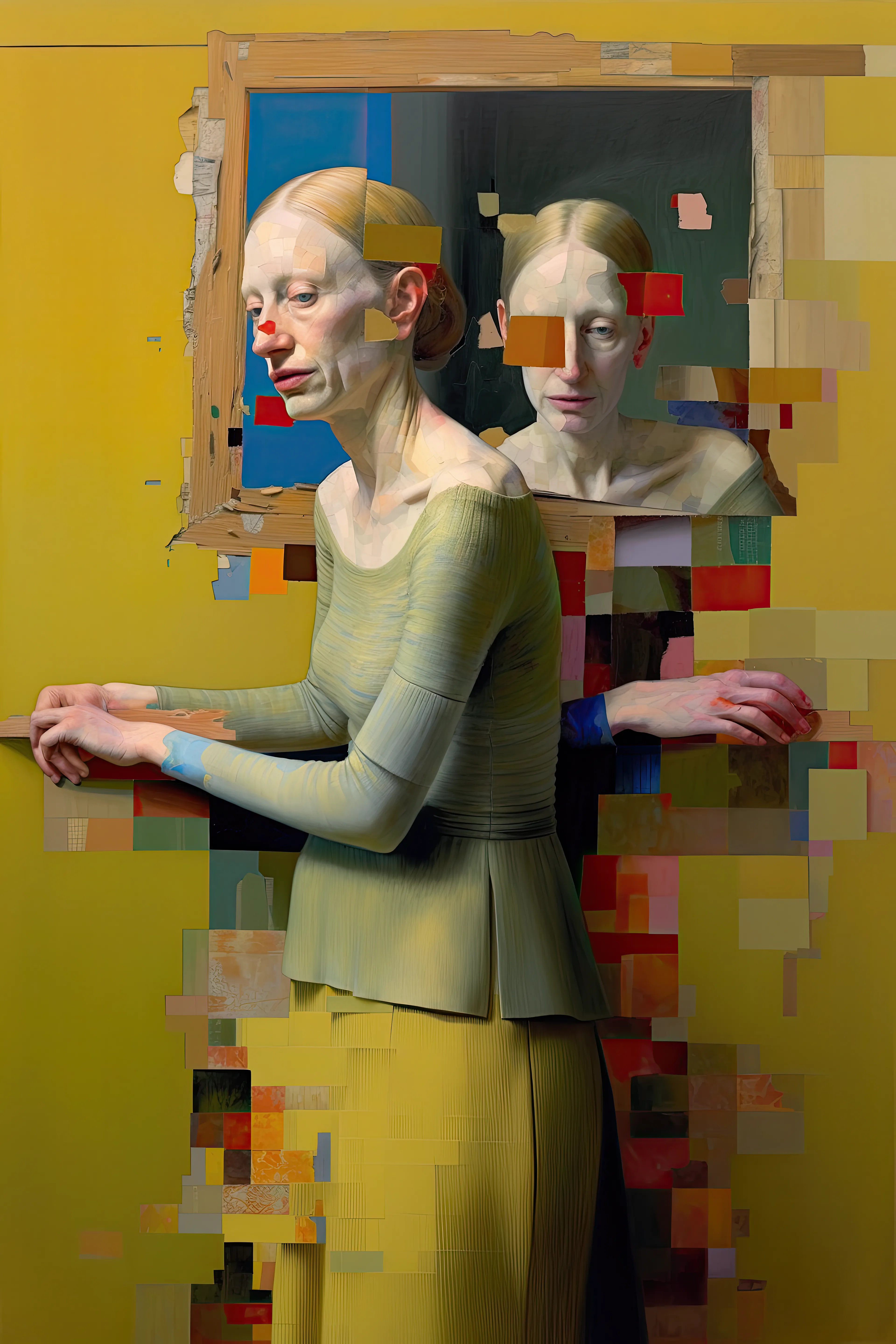 In this deeply personal series, I breathe life into older women woven together by shared emotions. This collection is a glimpse into my self-portrait journey, where I confront my own aging fears. It all began three decades ago, ignited by a fascination for painting older women. The rush of emotions, a blend of profound positivity and negativity, transformed aging bodies into my canvas – a cathartic passage through time's embrace.

In the realm of AI-infused artistry, paint and paper cloak segments of the work, much like the hidden corners of our selves. Do these veiled fragments hide or expose the essence within? This echoes the ever-evolving layers we unveil or conceal as we journey through aging. As a traditional painter, I employ patches of paint, revealing or obscuring the genuine beneath, prompting contemplation of our shared boundaries between privacy and openness.

A choreography of abstract forms and tangible images unfolds, a dance echoing life's beautiful chaos. Colours and shapes intertwine, a mirror of existence's complexity where dreams coalesce with reality.

As these women shift perspectives or unite, they grapple with self-love and self-discovery, echoing the universal voyage we all undertake with age. It's a potent blend of strength and vulnerability. A recurring motif is the presence of letters – words that hold both the desire to share and the allure of the shadowed self.

Through my art, I seek to capture our timeless human narrative – a tale etched with joyous highs and somber lows. My canvas is a mirror reflecting the intricacies of existence. Just as the artistic process evolves, so does life, in an ever-changing journey – forever precious and unique.