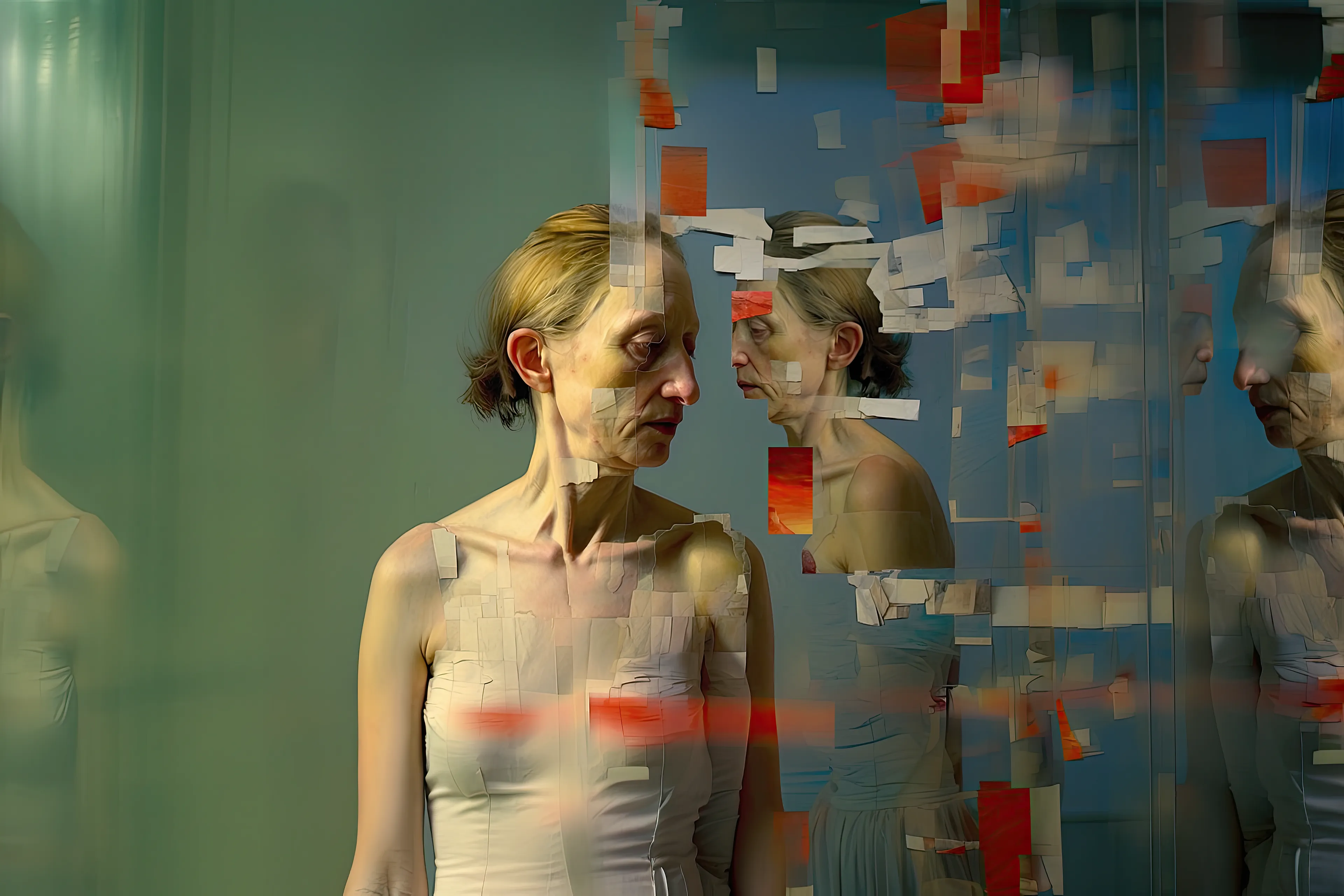 In this deeply personal series, I breathe life into older women woven together by shared emotions. This collection is a glimpse into my self-portrait journey, where I confront my own aging fears. It all began three decades ago, ignited by a fascination for painting older women. The rush of emotions, a blend of profound positivity and negativity, transformed aging bodies into my canvas – a cathartic passage through time's embrace.

In the realm of AI-infused artistry, paint and paper cloak segments of the work, much like the hidden corners of our selves. Do these veiled fragments hide or expose the essence within? This echoes the ever-evolving layers we unveil or conceal as we journey through aging. As a traditional painter, I employ patches of paint, revealing or obscuring the genuine beneath, prompting contemplation of our shared boundaries between privacy and openness.

A choreography of abstract forms and tangible images unfolds, a dance echoing life's beautiful chaos. Colours and shapes intertwine, a mirror of existence's complexity where dreams coalesce with reality.

As these women shift perspectives or unite, they grapple with self-love and self-discovery, echoing the universal voyage we all undertake with age. It's a potent blend of strength and vulnerability. A recurring motif is the presence of letters – words that hold both the desire to share and the allure of the shadowed self.

Through my art, I seek to capture our timeless human narrative – a tale etched with joyous highs and somber lows. My canvas is a mirror reflecting the intricacies of existence. Just as the artistic process evolves, so does life, in an ever-changing journey – forever precious and unique.