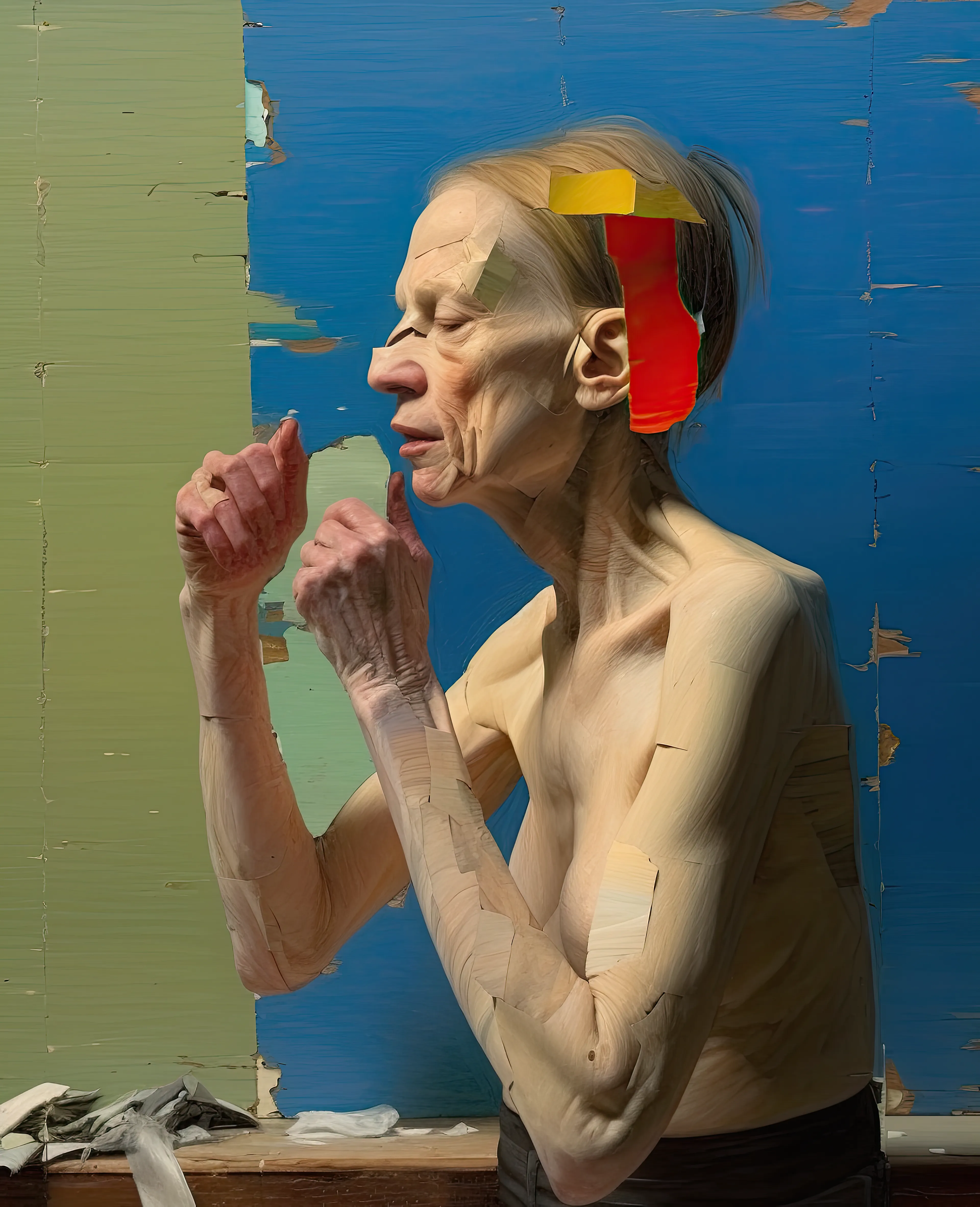 In this deeply personal series, I breathe life into older women woven together by shared emotions. This collection is a glimpse into my self-portrait journey, where I confront my own aging fears. It all began three decades ago, ignited by a fascination for painting older women. The rush of emotions, a blend of profound positivity and negativity, transformed aging bodies into my canvas – a cathartic passage through time's embrace.

In the realm of AI-infused artistry, paint and paper cloak segments of the work, much like the hidden corners of our selves. Do these veiled fragments hide or expose the essence within? This echoes the ever-evolving layers we unveil or conceal as we journey through aging. As a traditional painter, I employ patches of paint, revealing or obscuring the genuine beneath, prompting contemplation of our shared boundaries between privacy and openness.

A choreography of abstract forms and tangible images unfolds, a dance echoing life's beautiful chaos. Colours and shapes intertwine, a mirror of existence's complexity where dreams coalesce with reality.

As these women shift perspectives or unite, they grapple with self-love and self-discovery, echoing the universal voyage we all undertake with age. It's a potent blend of strength and vulnerability. A recurring motif is the presence of letters – words that hold both the desire to share and the allure of the shadowed self.

Through my art, I seek to capture our timeless human narrative – a tale etched with joyous highs and somber lows. My canvas is a mirror reflecting the intricacies of existence. Just as the artistic process evolves, so does life, in an ever-changing journey – forever precious and unique.