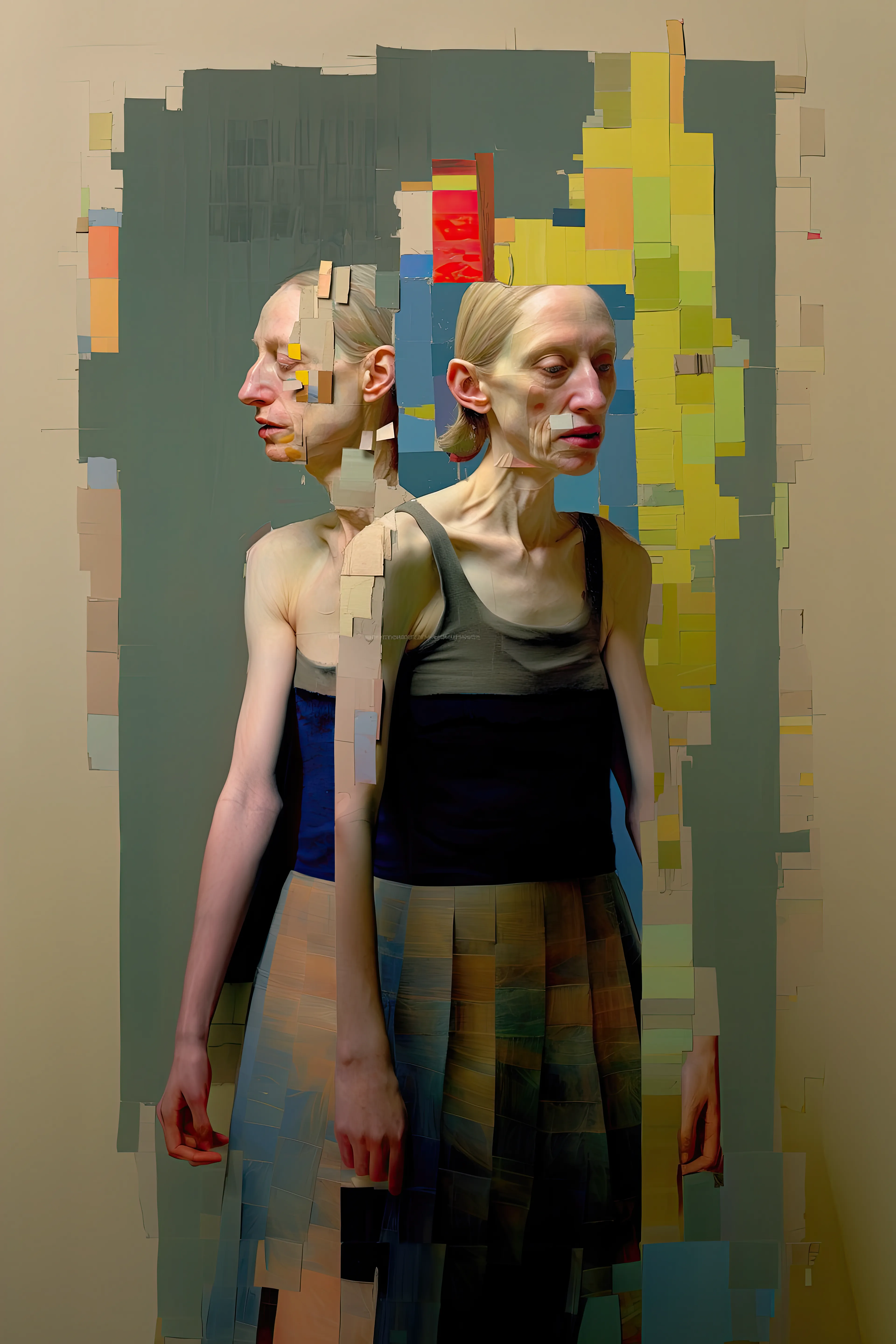 In this deeply personal series, I breathe life into older women woven together by shared emotions. This collection is a glimpse into my self-portrait journey, where I confront my own aging fears. It all began three decades ago, ignited by a fascination for painting older women. The rush of emotions, a blend of profound positivity and negativity, transformed aging bodies into my canvas – a cathartic passage through time's embrace.

In the realm of AI-infused artistry, paint and paper cloak segments of the work, much like the hidden corners of our selves. Do these veiled fragments hide or expose the essence within? This echoes the ever-evolving layers we unveil or conceal as we journey through aging. As a traditional painter, I employ patches of paint, revealing or obscuring the genuine beneath, prompting contemplation of our shared boundaries between privacy and openness.

A choreography of abstract forms and tangible images unfolds, a dance echoing life's beautiful chaos. Colours and shapes intertwine, a mirror of existence's complexity where dreams coalesce with reality.

As these women shift perspectives or unite, they grapple with self-love and self-discovery, echoing the universal voyage we all undertake with age. It's a potent blend of strength and vulnerability. A recurring motif is the presence of letters – words that hold both the desire to share and the allure of the shadowed self.

Through my art, I seek to capture our timeless human narrative – a tale etched with joyous highs and somber lows. My canvas is a mirror reflecting the intricacies of existence. Just as the artistic process evolves, so does life, in an ever-changing journey – forever precious and unique.