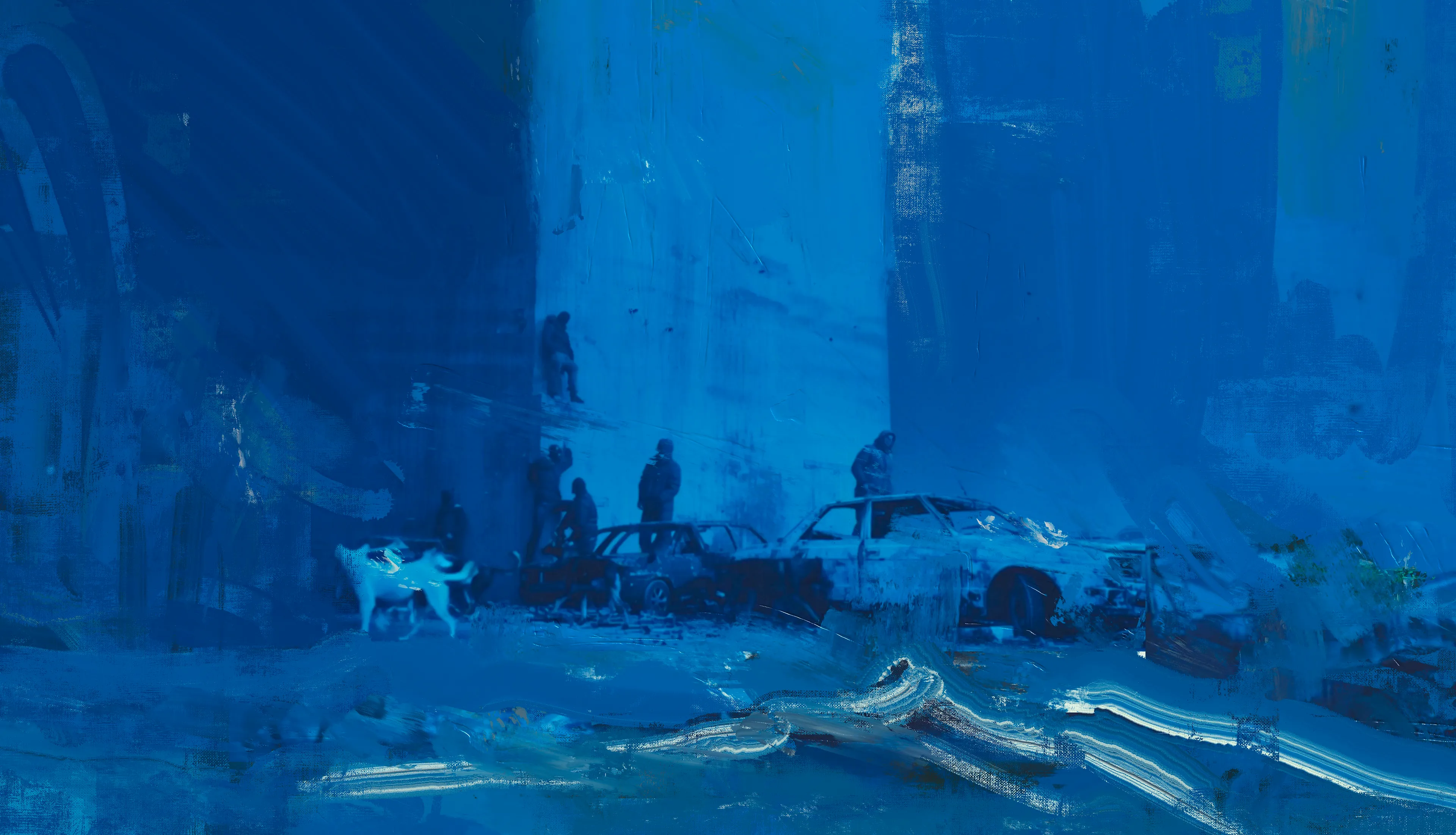 DATA TOWER - The 10th E State

Postpainting 2025

Somewhere on the obscured periphery of the 10th E State, a tower rises—not with architectural logic but with the indifferent authority of a forgotten god. DATA TOWER is not merely a structure; it is a symptom. Through AI video and postpainting, a mytho-dystopian fresco of surveillance, resistance, and yearning emerges, bathed entirely in a sumptuous, hyper-saturated midnight blue that transcends pigment and becomes philosophy.

We are not meant to enter the tower. No one is. It looms, it watches, it absorbs. And in return? Silence. Information flows inward. The people remain shadows. Hooded youths from the fractured zones of the 10th E State—half ninja, half specter—gather at its base in defiance or ritual, indistinguishable from wolves or ghosts or statues. They scale and scatter, enact quiet insurrections, anonymous yet defiant against the Tower’s algorithmic glare.

In these works, blue is not a background. Blue is destiny. Drawing from the spiritual twilight of Yves Klein, the melancholic urgency of Picabia, and the psychological abyss of Goya’s late palette, blue becomes the true protagonist. This is the eternal return bathed in RGB—a saturated affirmation of the technological sublime. The blue in DATA TOWER is the midnight of memory, of data accumulation, of forgotten gods humming silently in server rooms.

Motifs of deer, wolves, and broken statuary flicker across the sequence like errant code in a glitched simulation. The wildlife is not wild; it is archived. The statues are not ruined; they are paused. Every element in the towerscape feels frozen in surveillance, like a screenshot of collective trauma from a digital consciousness that cannot forget.

There is no salvation here—only the echo of myth, ritual, and pattern recognition. DATA TOWER doesn’t seek to explain. It observes the loop. It builds the atmosphere. And in the shadow of the structure, something barely human still stirs.