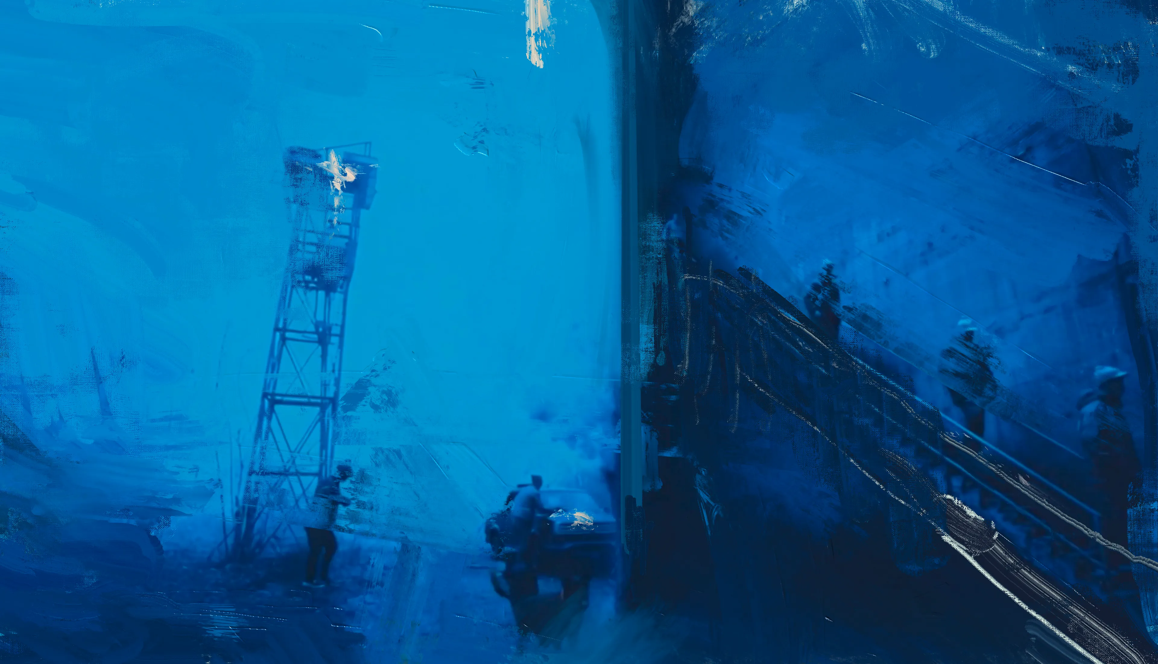 DATA TOWER - The 10th E State

Postpainting 2025

Somewhere on the obscured periphery of the 10th E State, a tower rises—not with architectural logic but with the indifferent authority of a forgotten god. DATA TOWER is not merely a structure; it is a symptom. Through AI video and postpainting, a mytho-dystopian fresco of surveillance, resistance, and yearning emerges, bathed entirely in a sumptuous, hyper-saturated midnight blue that transcends pigment and becomes philosophy.

We are not meant to enter the tower. No one is. It looms, it watches, it absorbs. And in return? Silence. Information flows inward. The people remain shadows. Hooded youths from the fractured zones of the 10th E State—half ninja, half specter—gather at its base in defiance or ritual, indistinguishable from wolves or ghosts or statues. They scale and scatter, enact quiet insurrections, anonymous yet defiant against the Tower’s algorithmic glare.

In these works, blue is not a background. Blue is destiny. Drawing from the spiritual twilight of Yves Klein, the melancholic urgency of Picabia, and the psychological abyss of Goya’s late palette, blue becomes the true protagonist. This is the eternal return bathed in RGB—a saturated affirmation of the technological sublime. The blue in DATA TOWER is the midnight of memory, of data accumulation, of forgotten gods humming silently in server rooms.

Motifs of deer, wolves, and broken statuary flicker across the sequence like errant code in a glitched simulation. The wildlife is not wild; it is archived. The statues are not ruined; they are paused. Every element in the towerscape feels frozen in surveillance, like a screenshot of collective trauma from a digital consciousness that cannot forget.

There is no salvation here—only the echo of myth, ritual, and pattern recognition. DATA TOWER doesn’t seek to explain. It observes the loop. It builds the atmosphere. And in the shadow of the structure, something barely human still stirs.