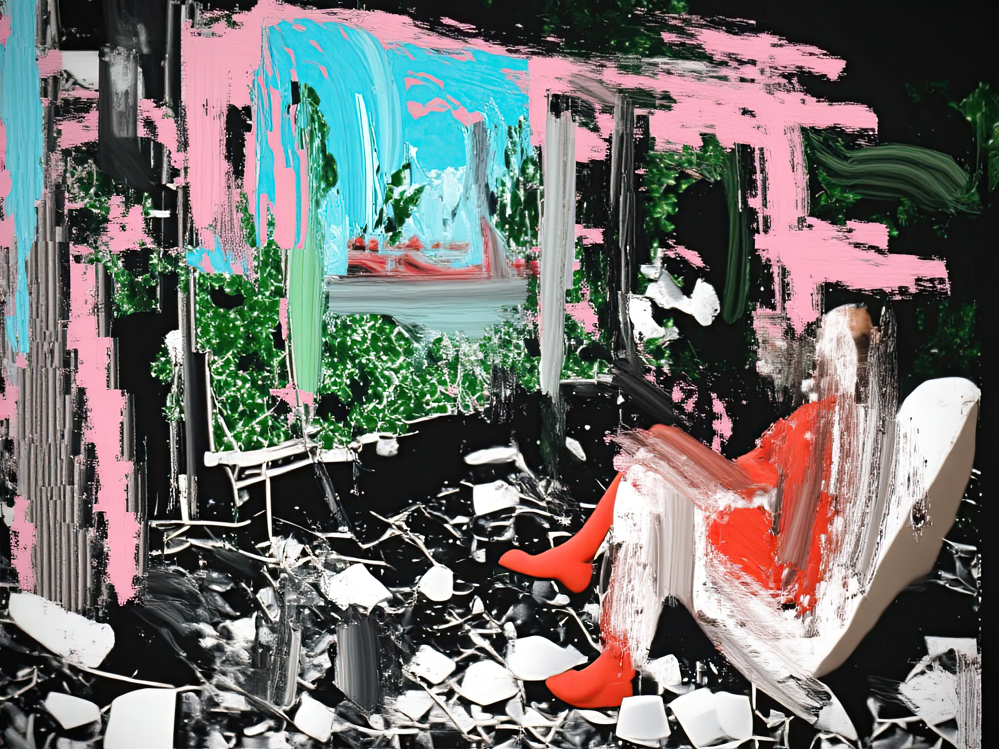 Living Room Extravaganza II by Harman is an AI-driven series based on the artist’s original postpaintings. These experimental works juxtapose serene domestic interiors with the chaos of conflict outside, creating a striking commentary on detachment, comfort, and the fragility of modern life.