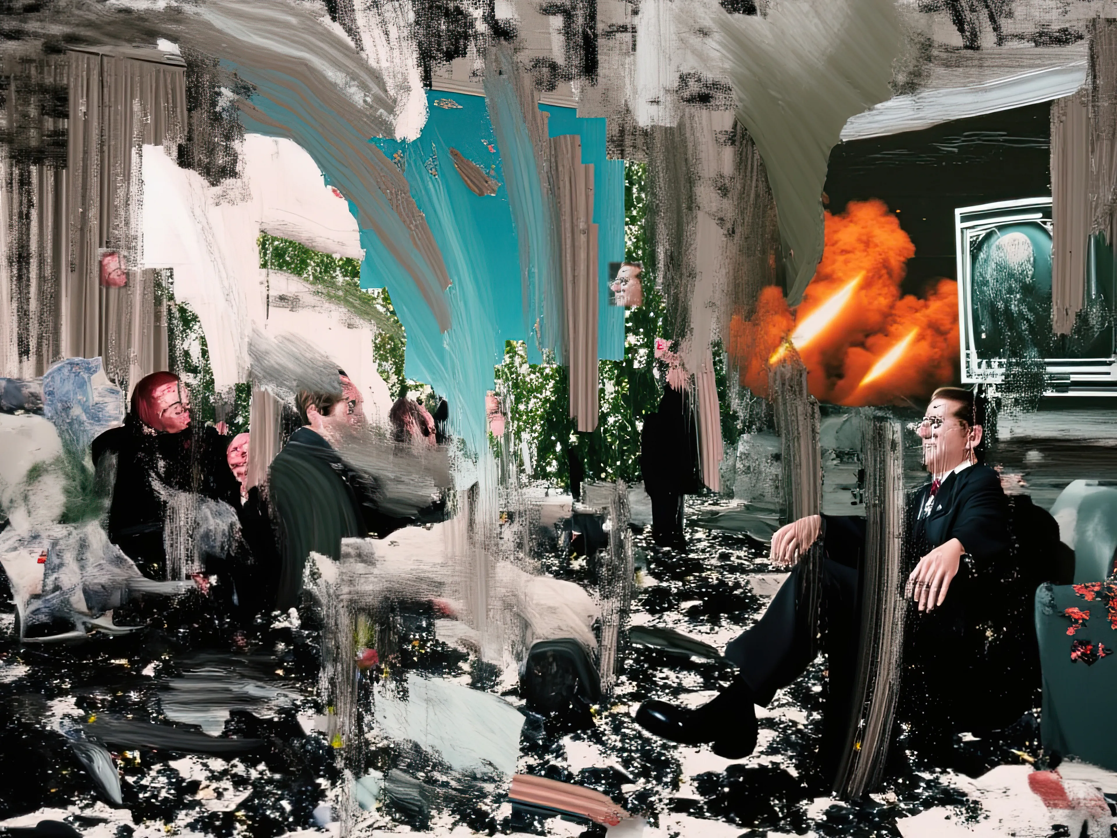 Living Room Extravaganza II by Harman is an AI-driven series based on the artist’s original postpaintings. These experimental works juxtapose serene domestic interiors with the chaos of conflict outside, creating a striking commentary on detachment, comfort, and the fragility of modern life.