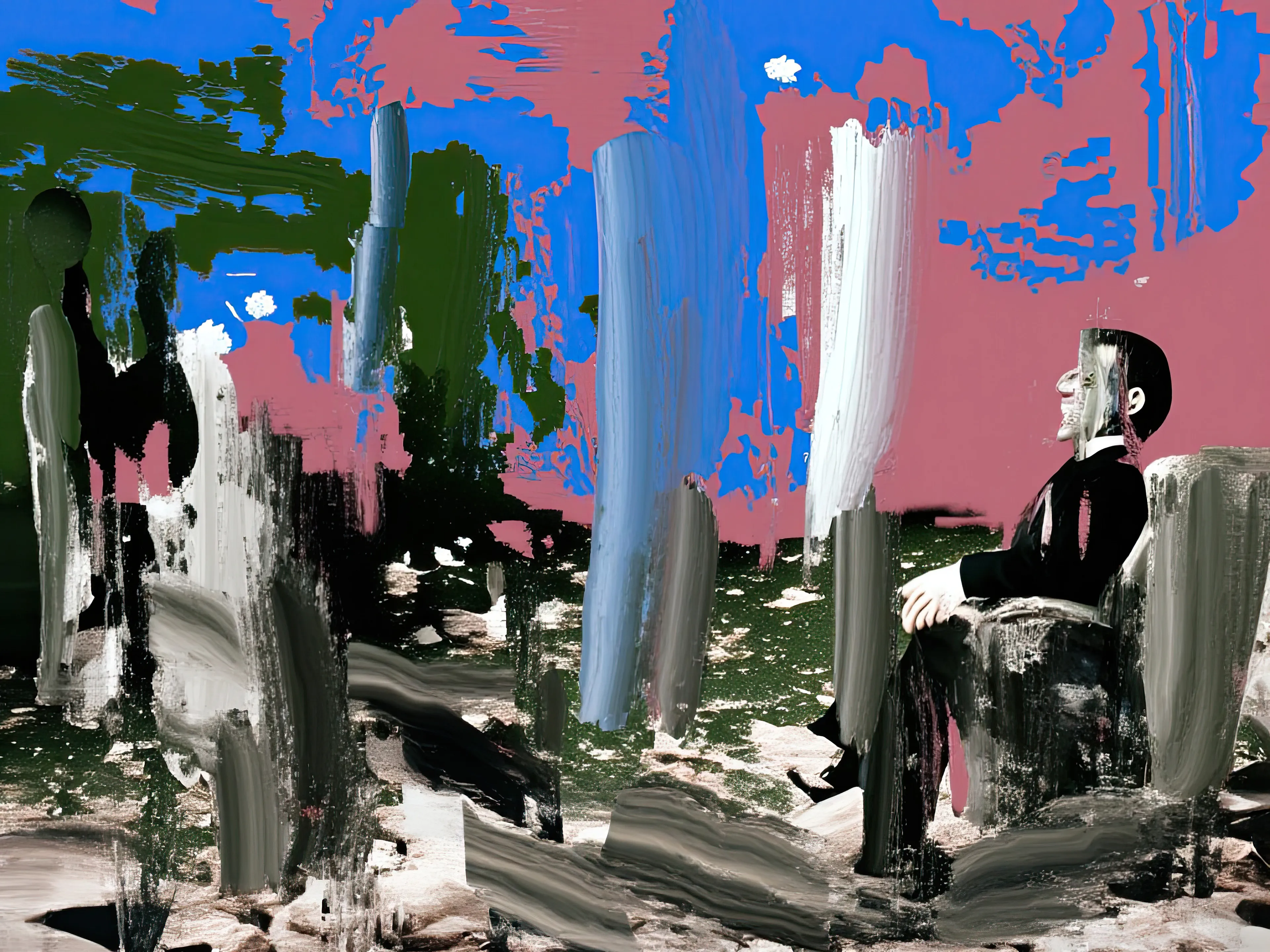 Living Room Extravaganza II by Harman is an AI-driven series based on the artist’s original postpaintings. These experimental works juxtapose serene domestic interiors with the chaos of conflict outside, creating a striking commentary on detachment, comfort, and the fragility of modern life.