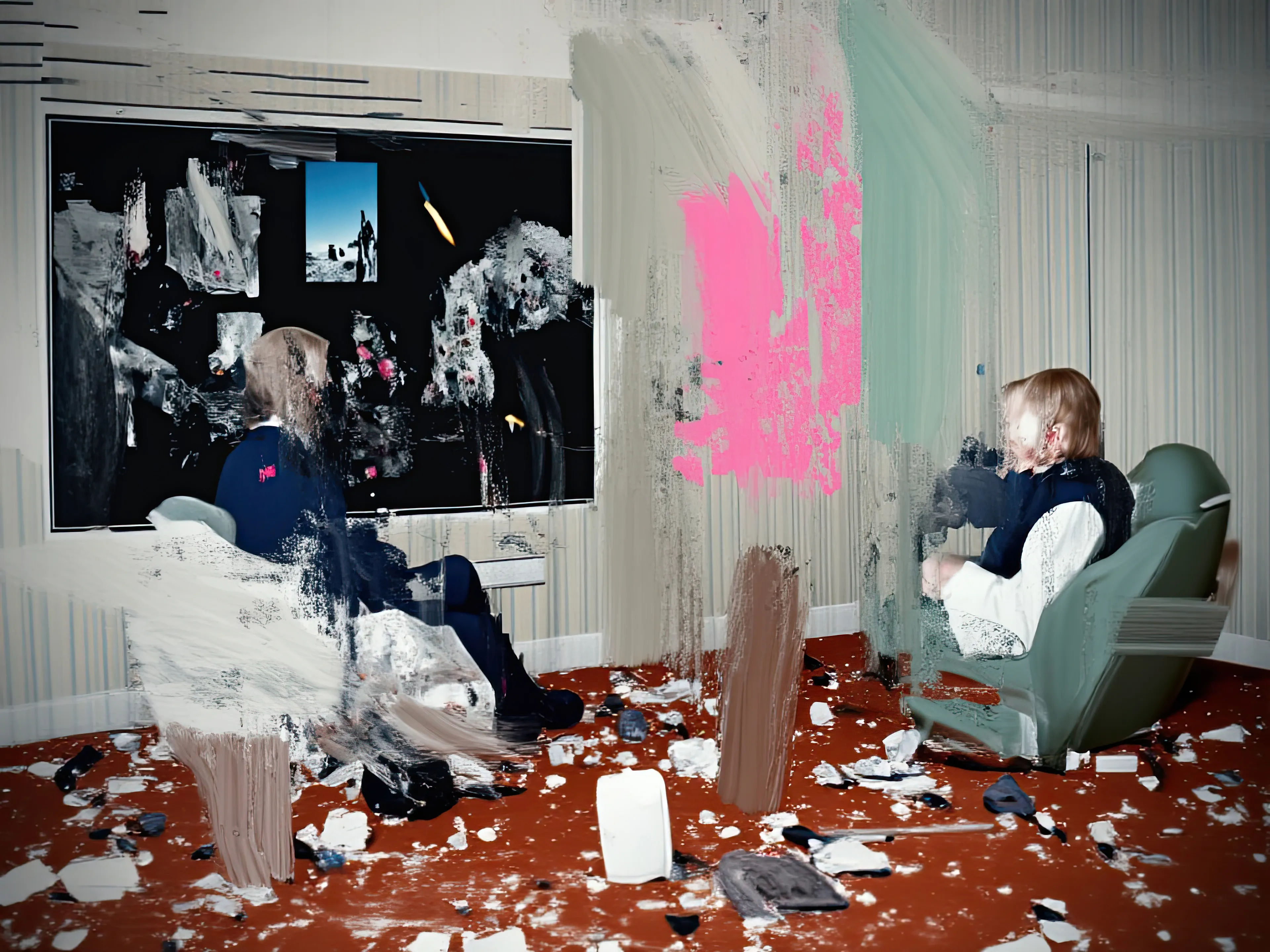 Living Room Extravaganza II by Harman is an AI-driven series based on the artist’s original postpaintings. These experimental works juxtapose serene domestic interiors with the chaos of conflict outside, creating a striking commentary on detachment, comfort, and the fragility of modern life.
