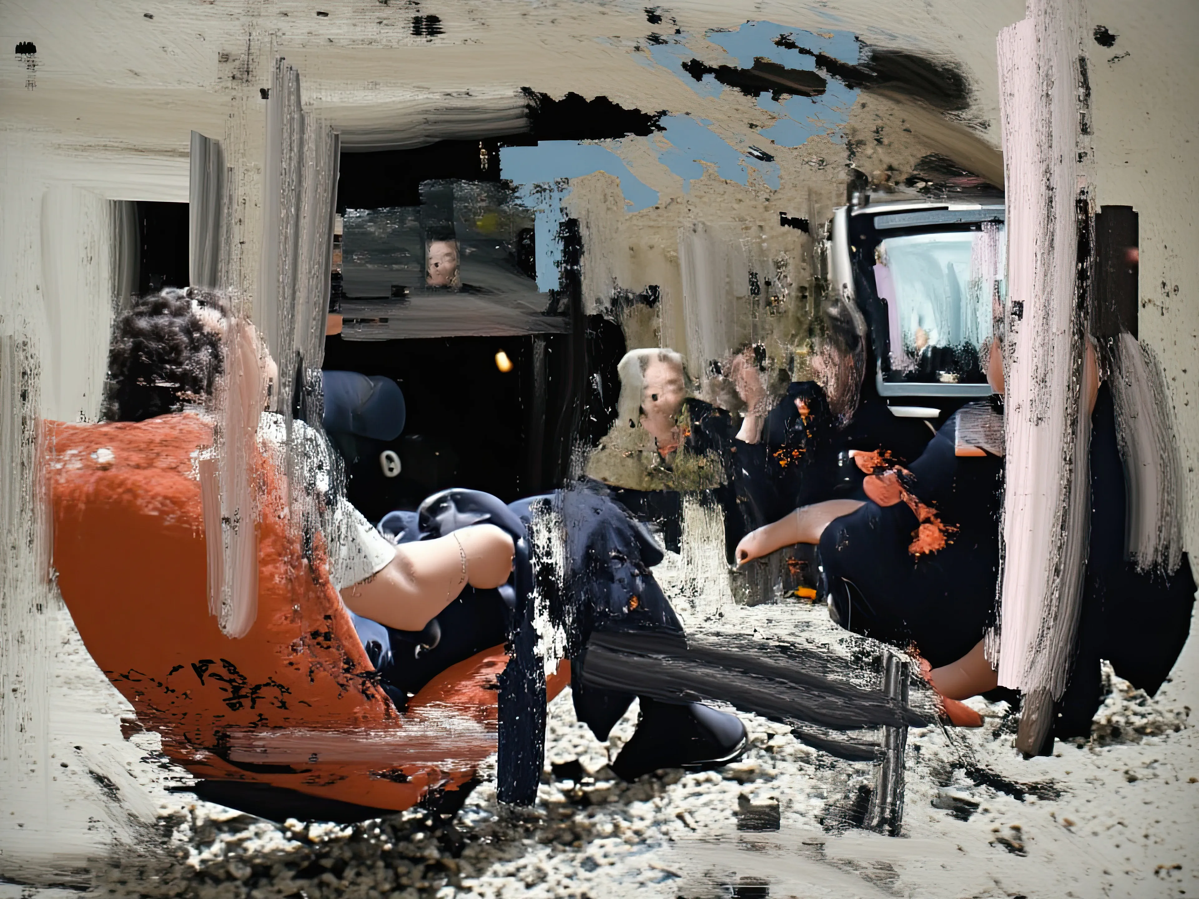 Living Room Extravaganza II by Harman is an AI-driven series based on the artist’s original postpaintings. These experimental works juxtapose serene domestic interiors with the chaos of conflict outside, creating a striking commentary on detachment, comfort, and the fragility of modern life.