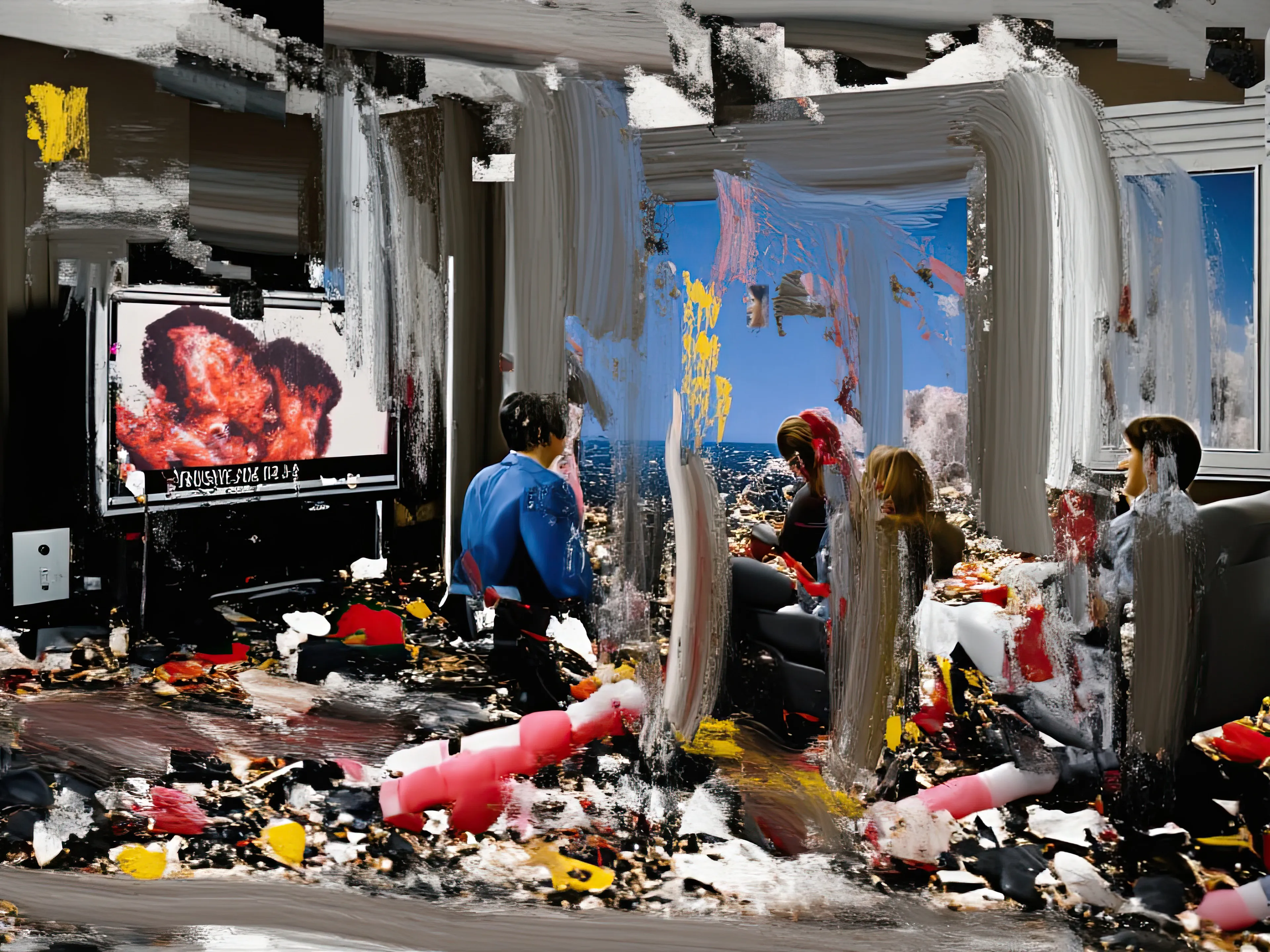 Living Room Extravaganza II by Harman is an AI-driven series based on the artist’s original postpaintings. These experimental works juxtapose serene domestic interiors with the chaos of conflict outside, creating a striking commentary on detachment, comfort, and the fragility of modern life.