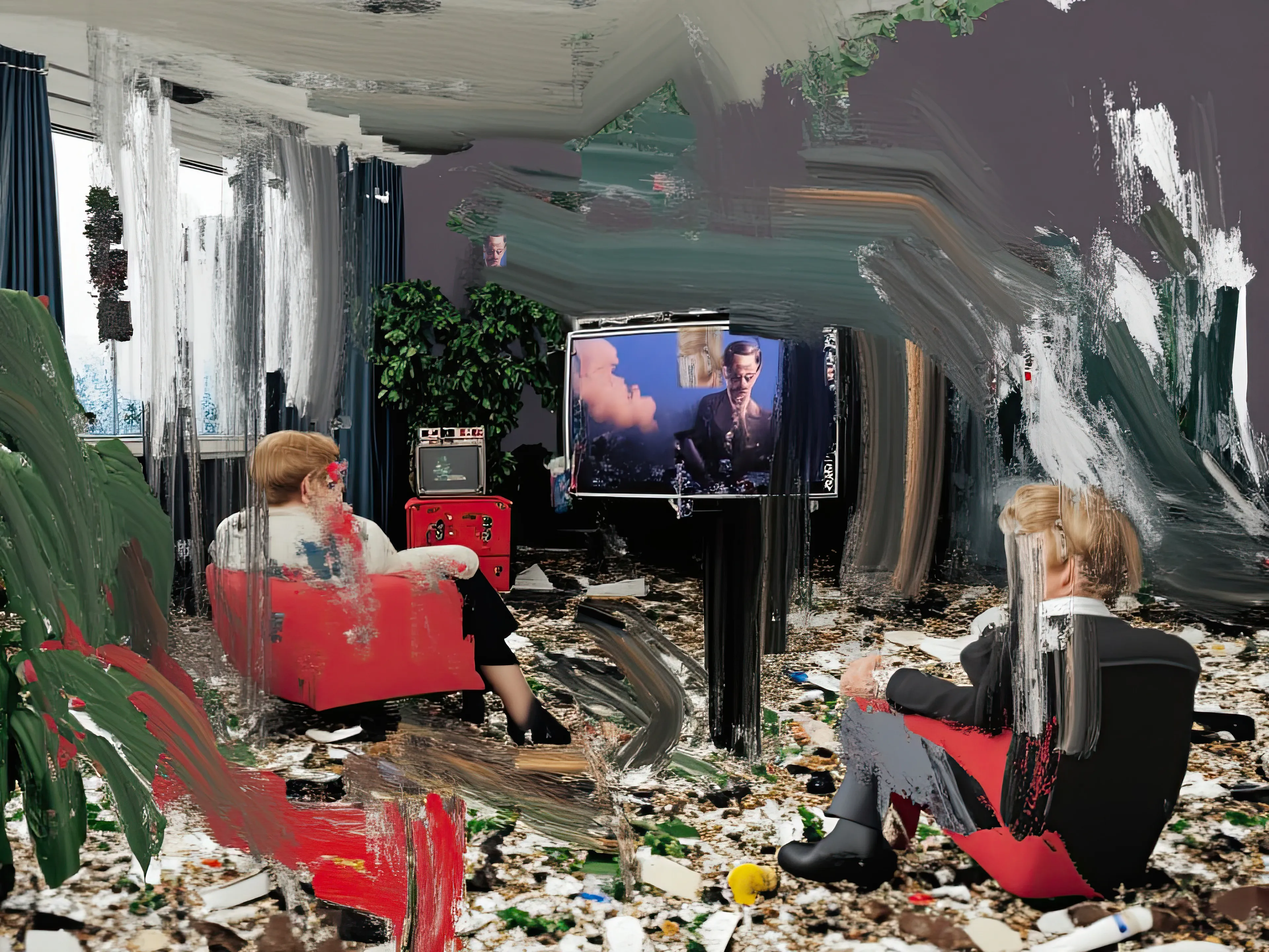 Living Room Extravaganza II by Harman is an AI-driven series based on the artist’s original postpaintings. These experimental works juxtapose serene domestic interiors with the chaos of conflict outside, creating a striking commentary on detachment, comfort, and the fragility of modern life.