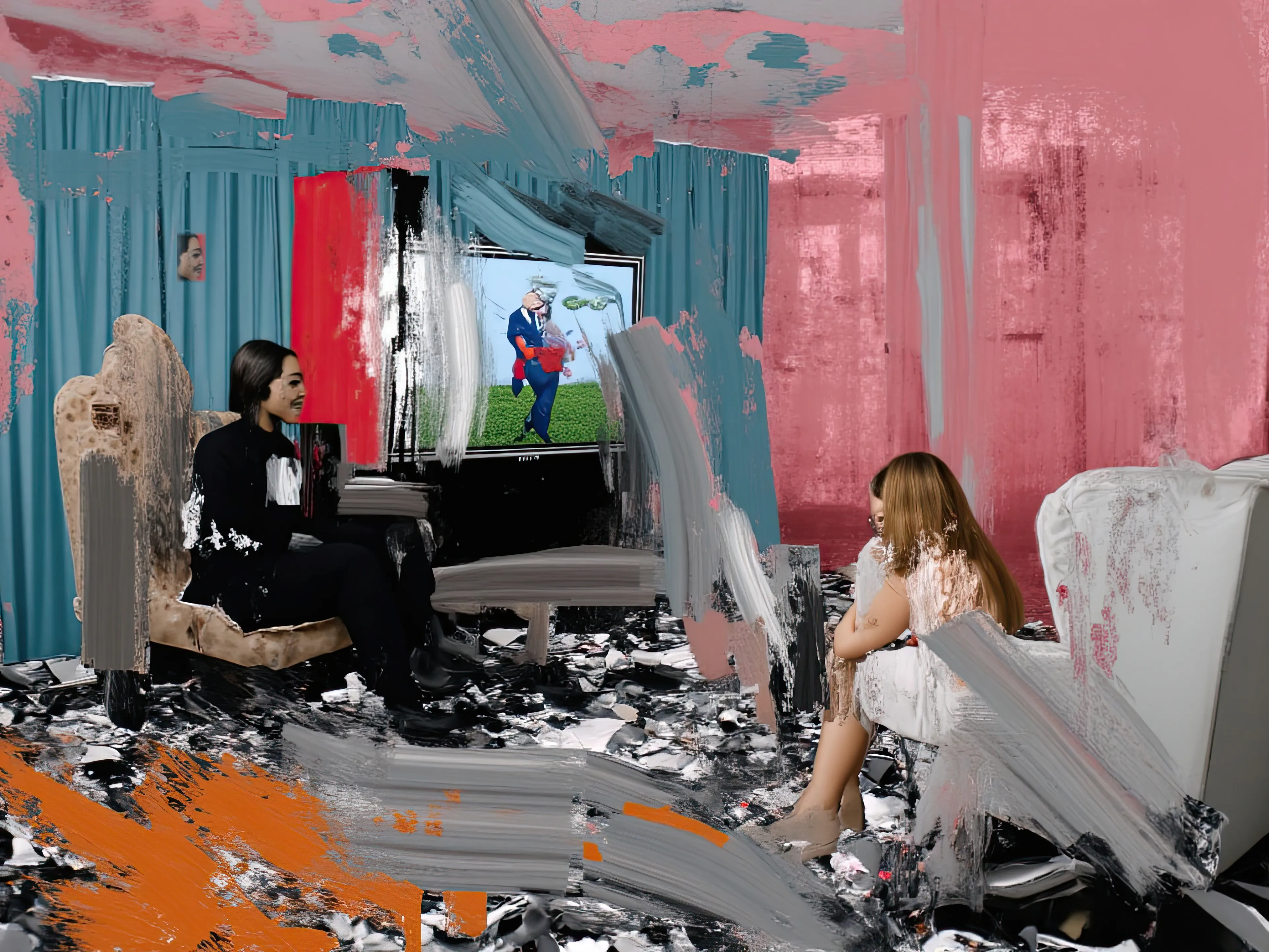 Living Room Extravaganza II by Harman is an AI-driven series based on the artist’s original postpaintings. These experimental works juxtapose serene domestic interiors with the chaos of conflict outside, creating a striking commentary on detachment, comfort, and the fragility of modern life.