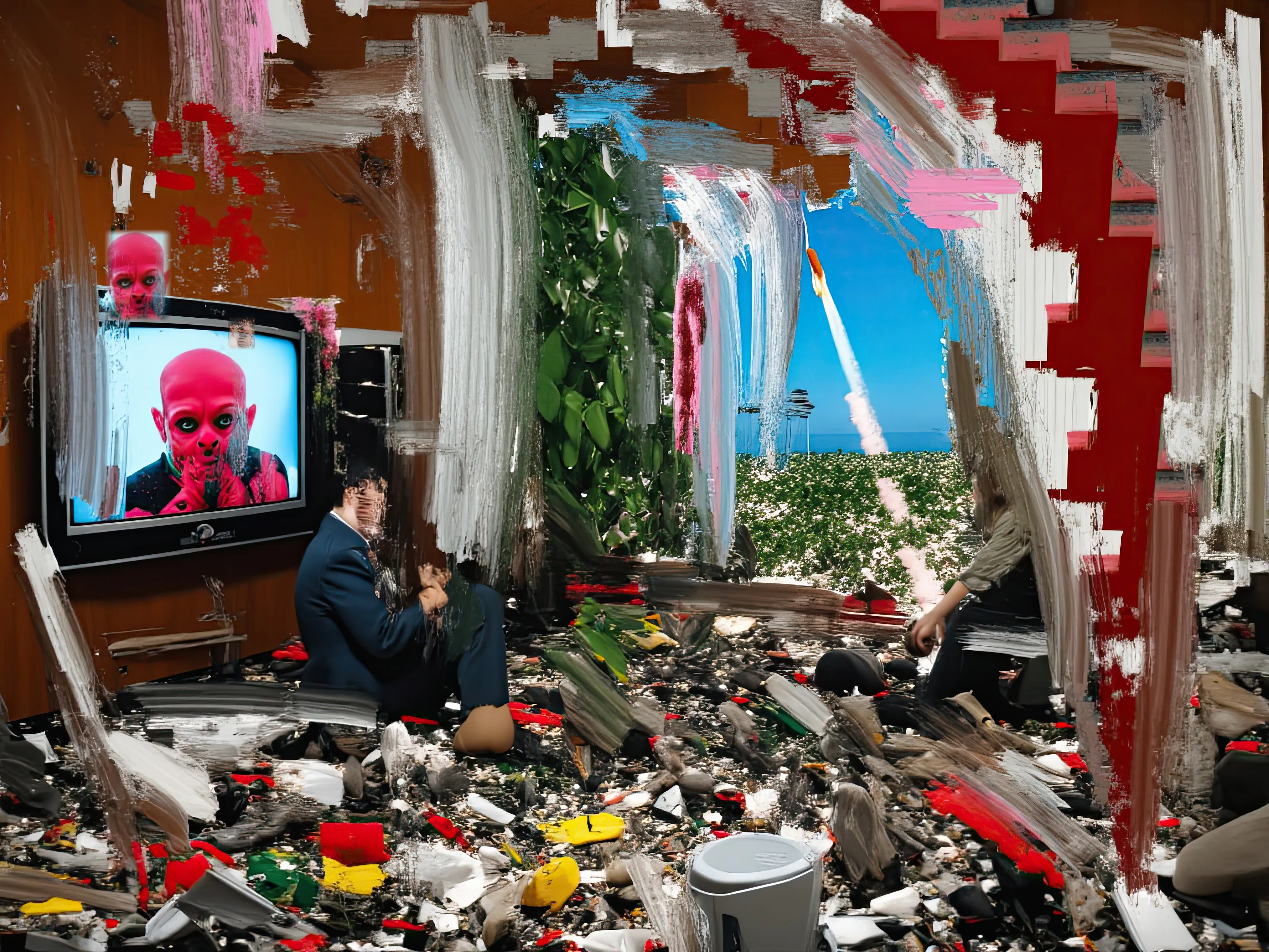 Living Room Extravaganza II by Harman is an AI-driven series based on the artist’s original postpaintings. These experimental works juxtapose serene domestic interiors with the chaos of conflict outside, creating a striking commentary on detachment, comfort, and the fragility of modern life.