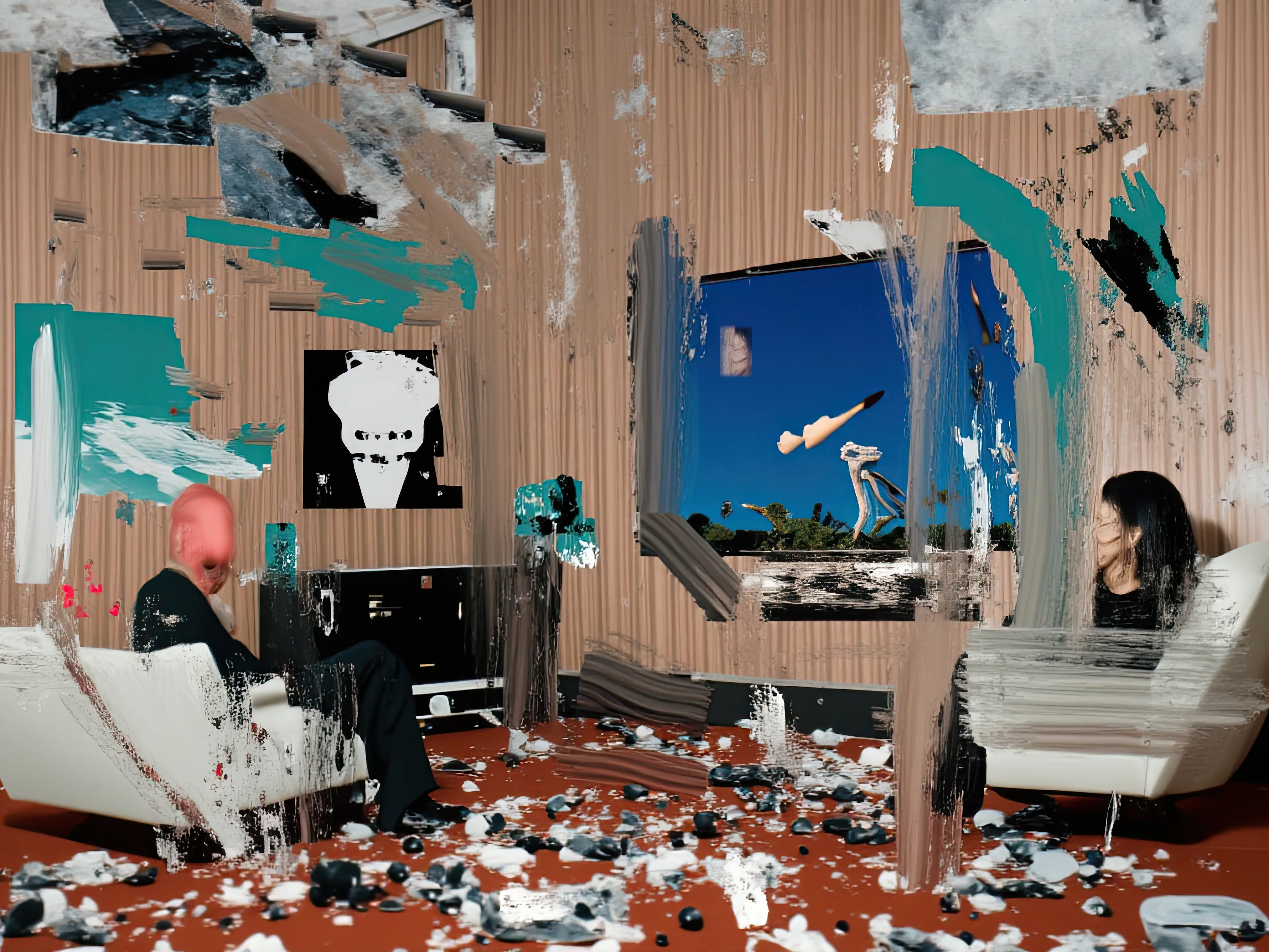 Living Room Extravaganza II by Harman is an AI-driven series based on the artist’s original postpaintings. These experimental works juxtapose serene domestic interiors with the chaos of conflict outside, creating a striking commentary on detachment, comfort, and the fragility of modern life.