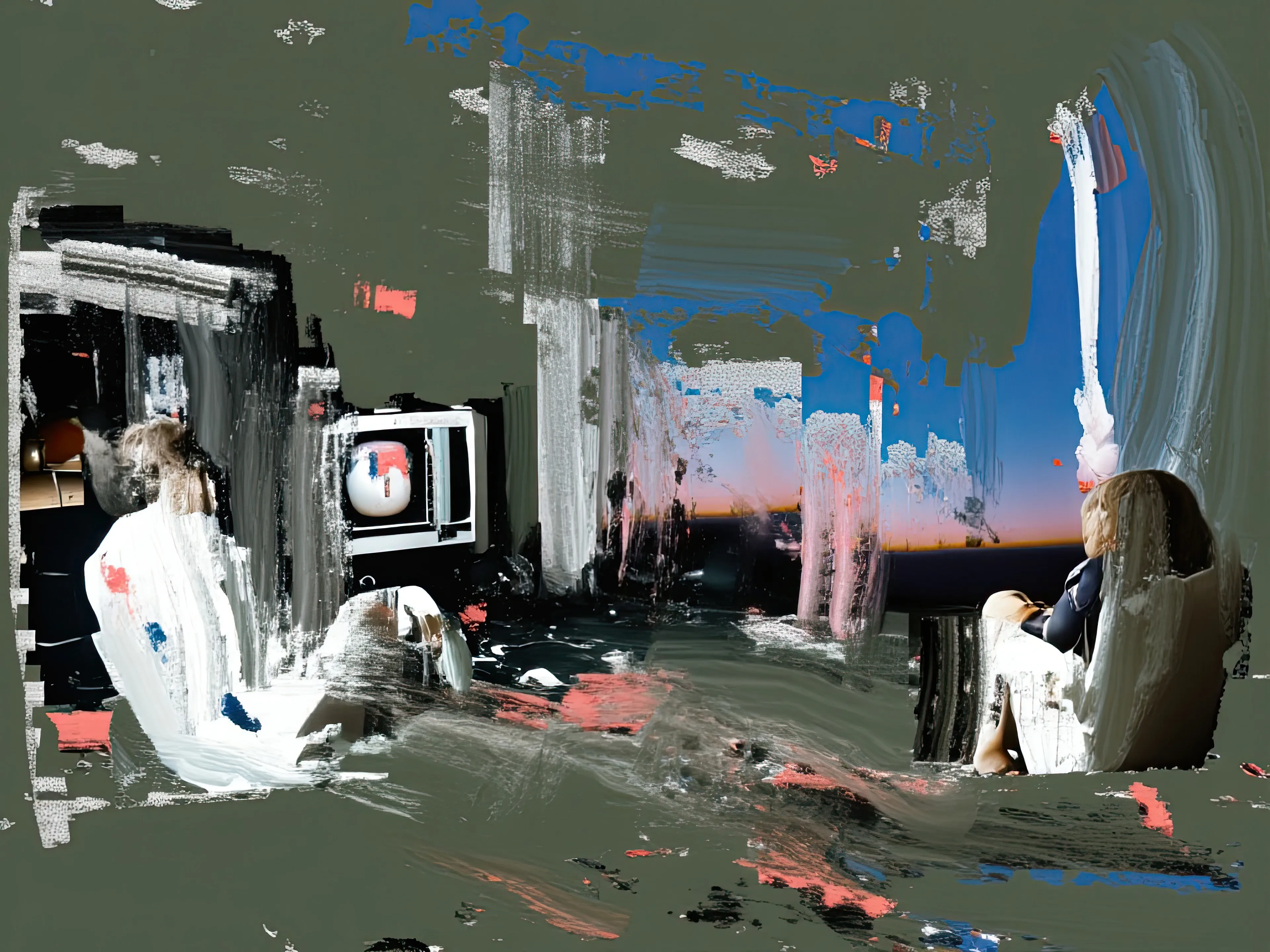 Living Room Extravaganza II by Harman is an AI-driven series based on the artist’s original postpaintings. These experimental works juxtapose serene domestic interiors with the chaos of conflict outside, creating a striking commentary on detachment, comfort, and the fragility of modern life.