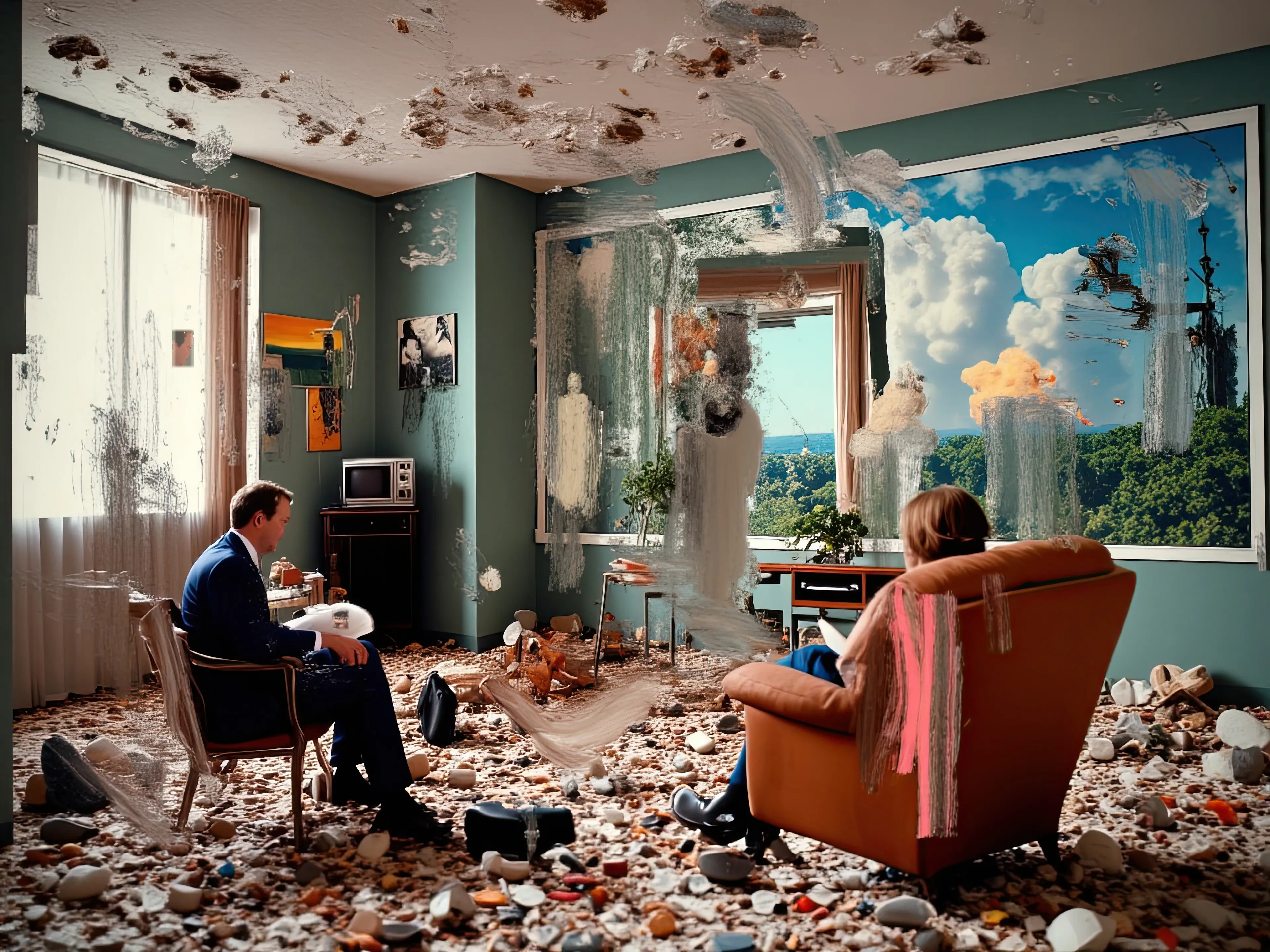 Living Room Extravaganza II by Harman is an AI-driven series based on the artist’s original postpaintings. These experimental works juxtapose serene domestic interiors with the chaos of conflict outside, creating a striking commentary on detachment, comfort, and the fragility of modern life.