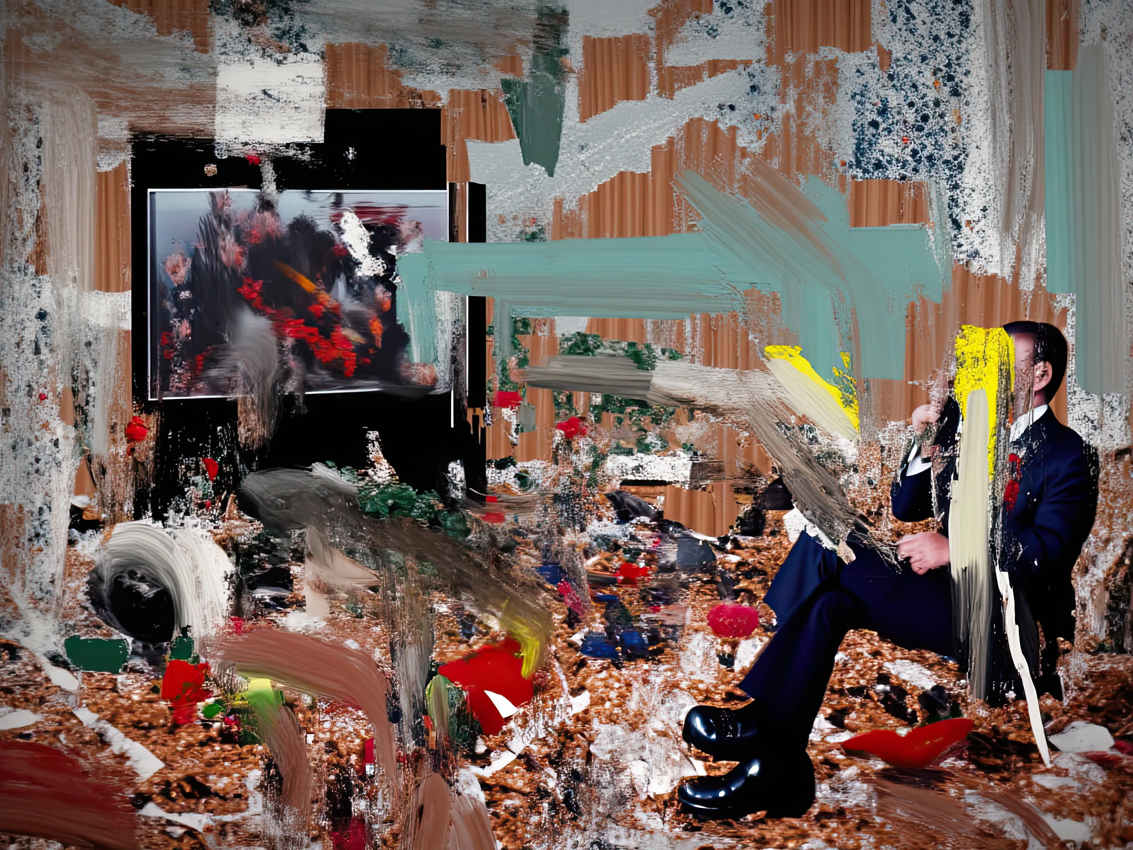 Living Room Extravaganza II by Harman is an AI-driven series based on the artist’s original postpaintings. These experimental works juxtapose serene domestic interiors with the chaos of conflict outside, creating a striking commentary on detachment, comfort, and the fragility of modern life.