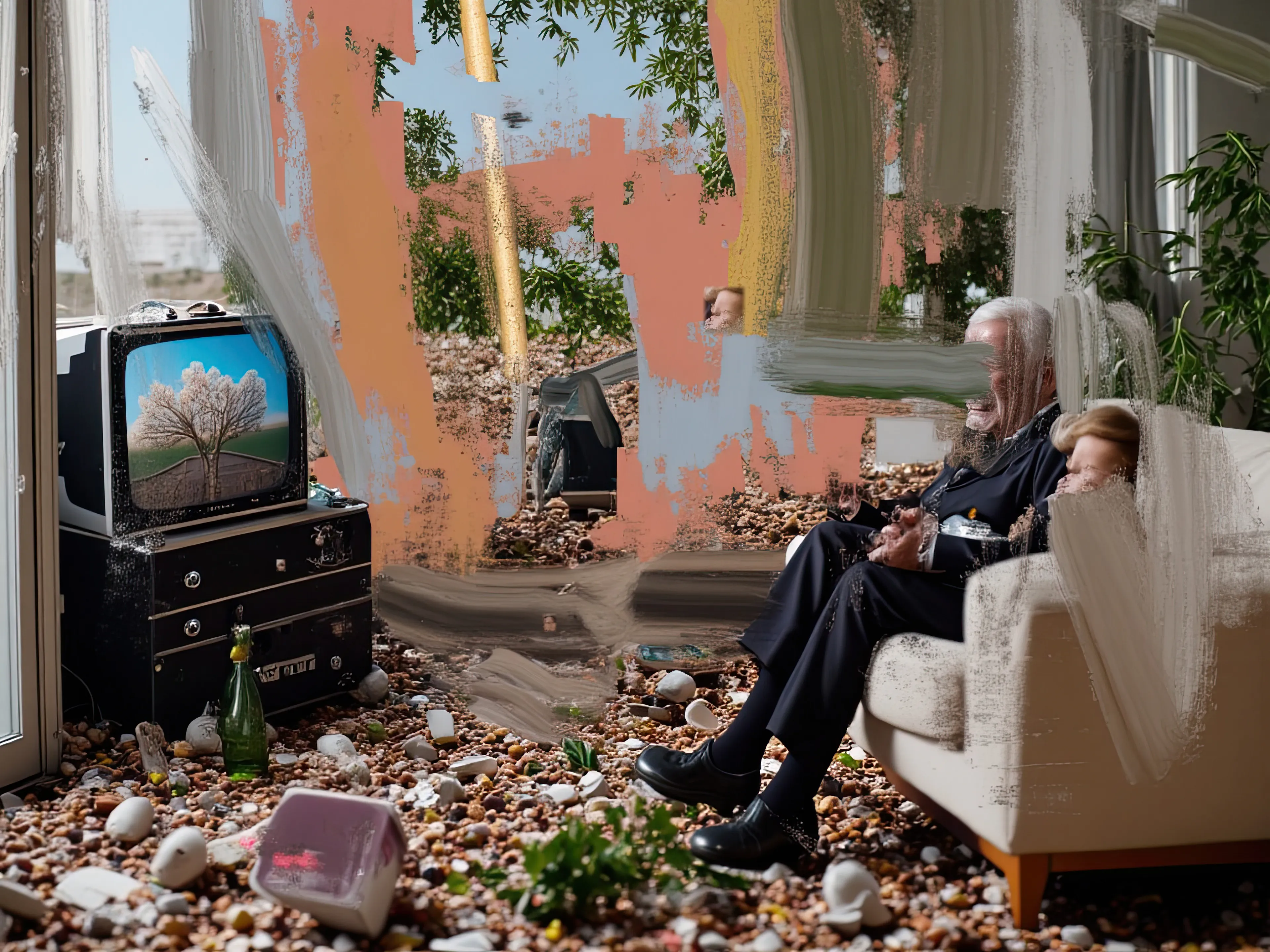 Living Room Extravaganza II by Harman is an AI-driven series based on the artist’s original postpaintings. These experimental works juxtapose serene domestic interiors with the chaos of conflict outside, creating a striking commentary on detachment, comfort, and the fragility of modern life.