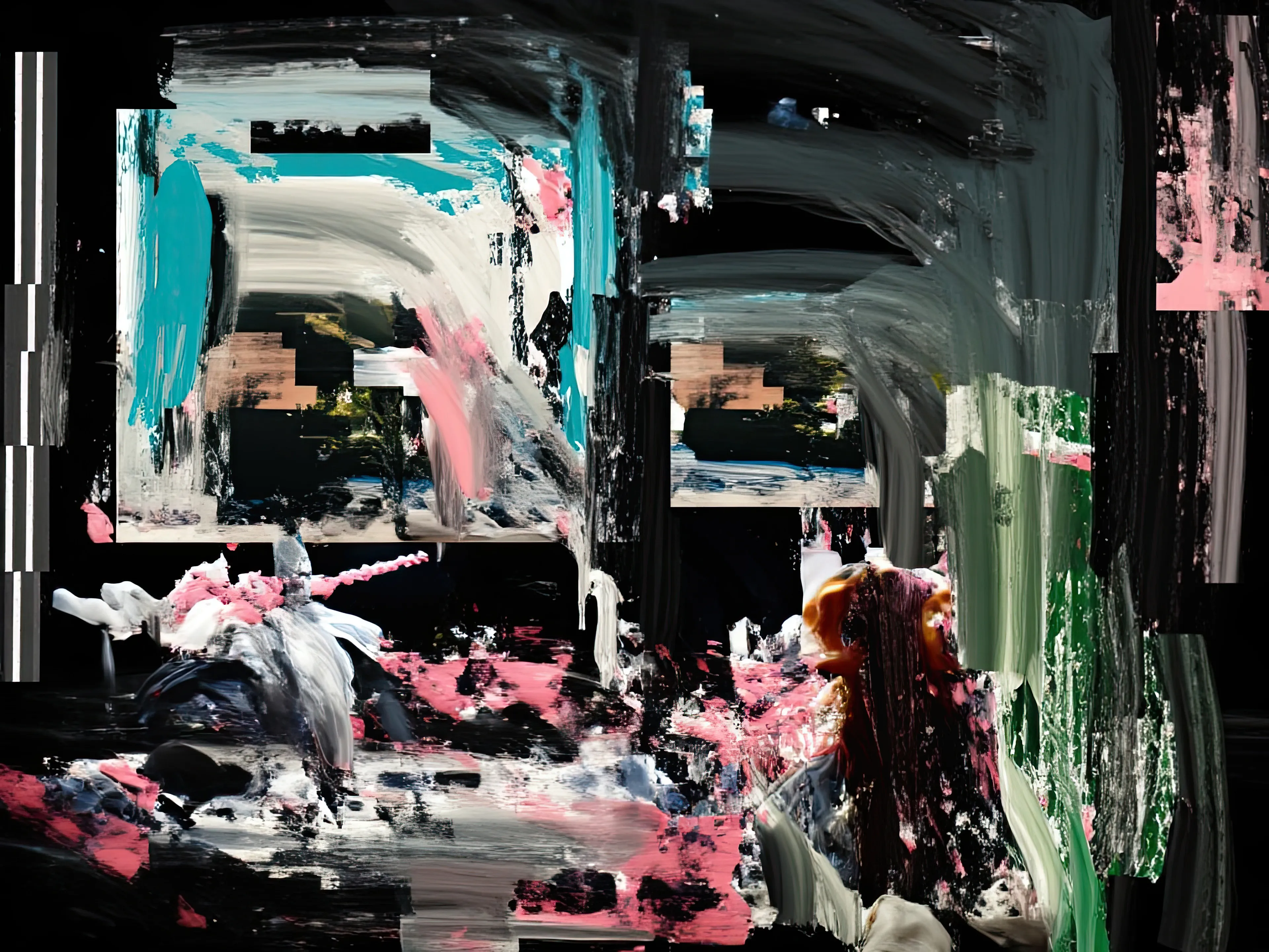 Living Room Extravaganza II by Harman is an AI-driven series based on the artist’s original postpaintings. These experimental works juxtapose serene domestic interiors with the chaos of conflict outside, creating a striking commentary on detachment, comfort, and the fragility of modern life.