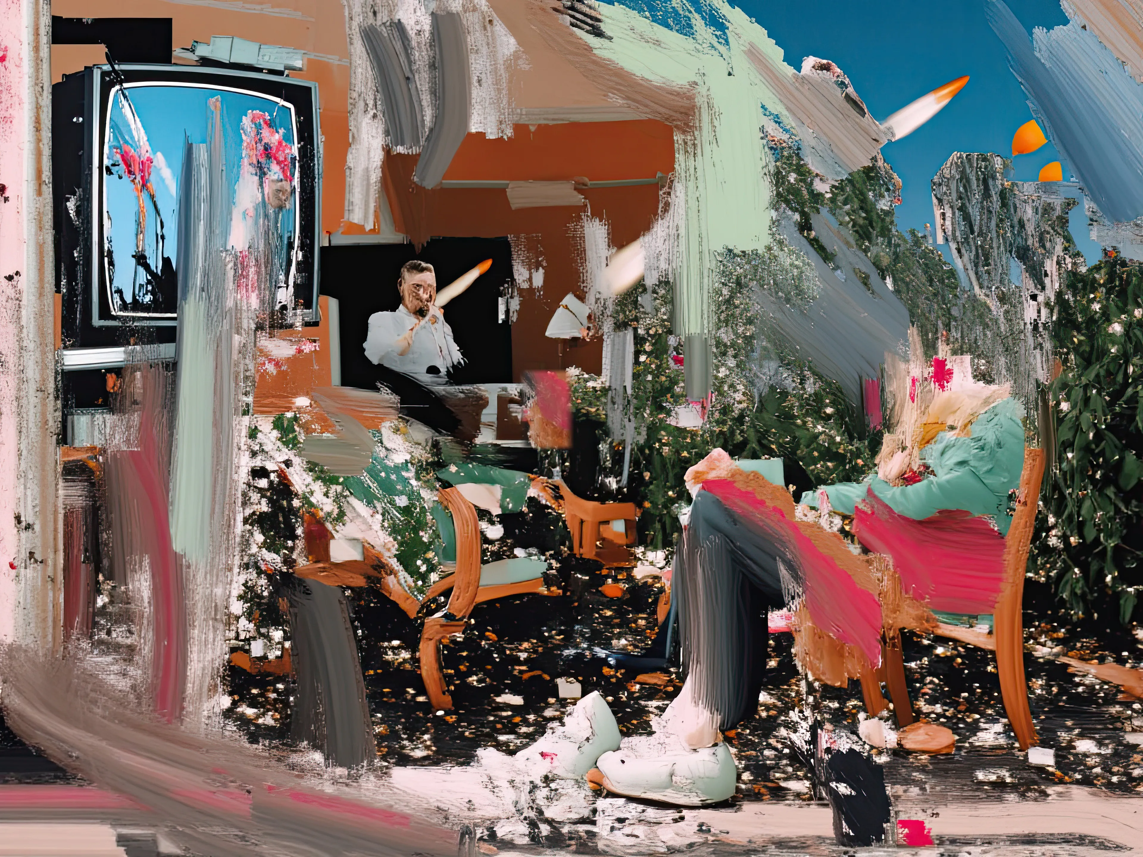 Living Room Extravaganza II by Harman is an AI-driven series based on the artist’s original postpaintings. These experimental works juxtapose serene domestic interiors with the chaos of conflict outside, creating a striking commentary on detachment, comfort, and the fragility of modern life.