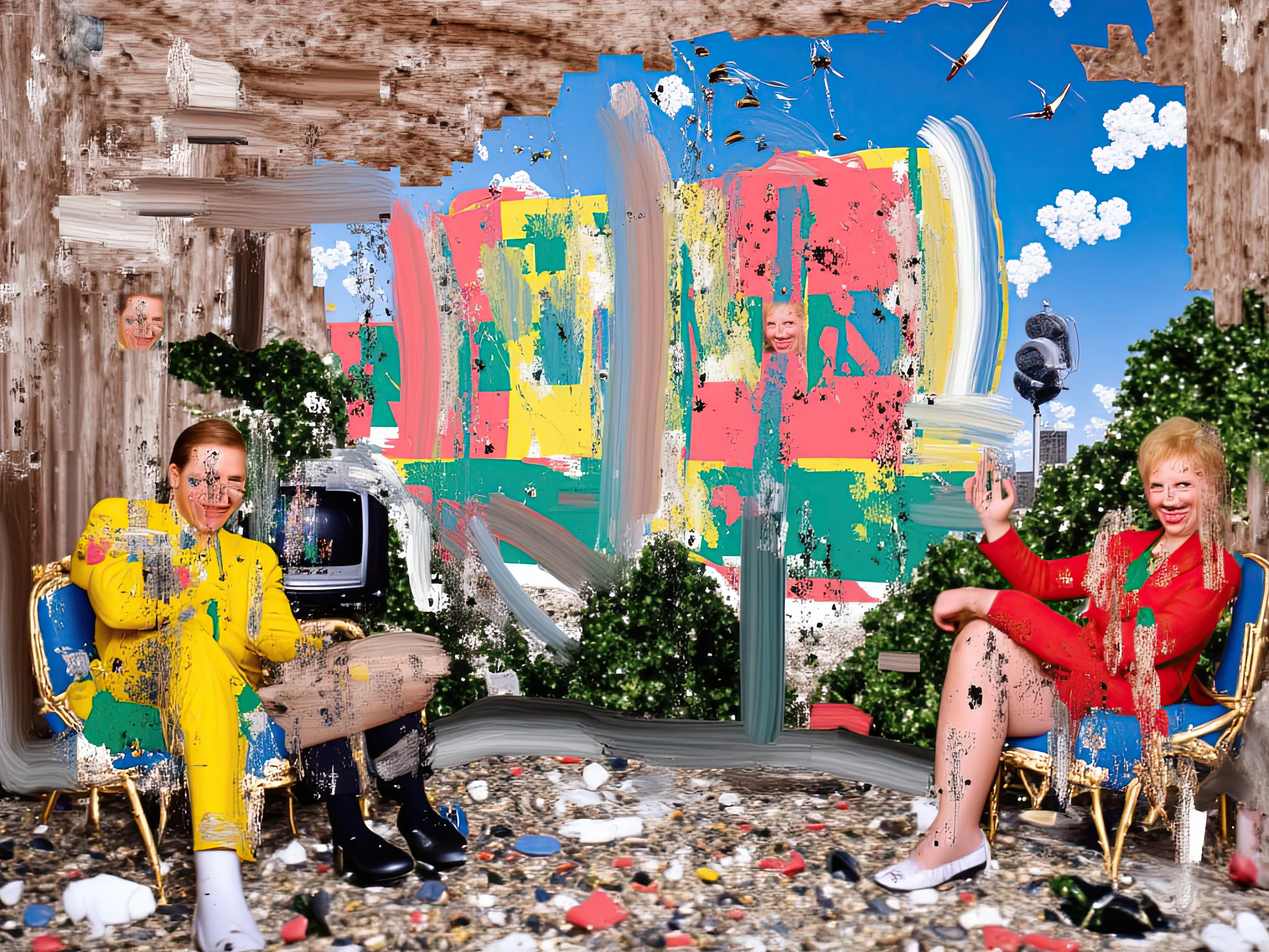 Living Room Extravaganza II by Harman is an AI-driven series based on the artist’s original postpaintings. These experimental works juxtapose serene domestic interiors with the chaos of conflict outside, creating a striking commentary on detachment, comfort, and the fragility of modern life.