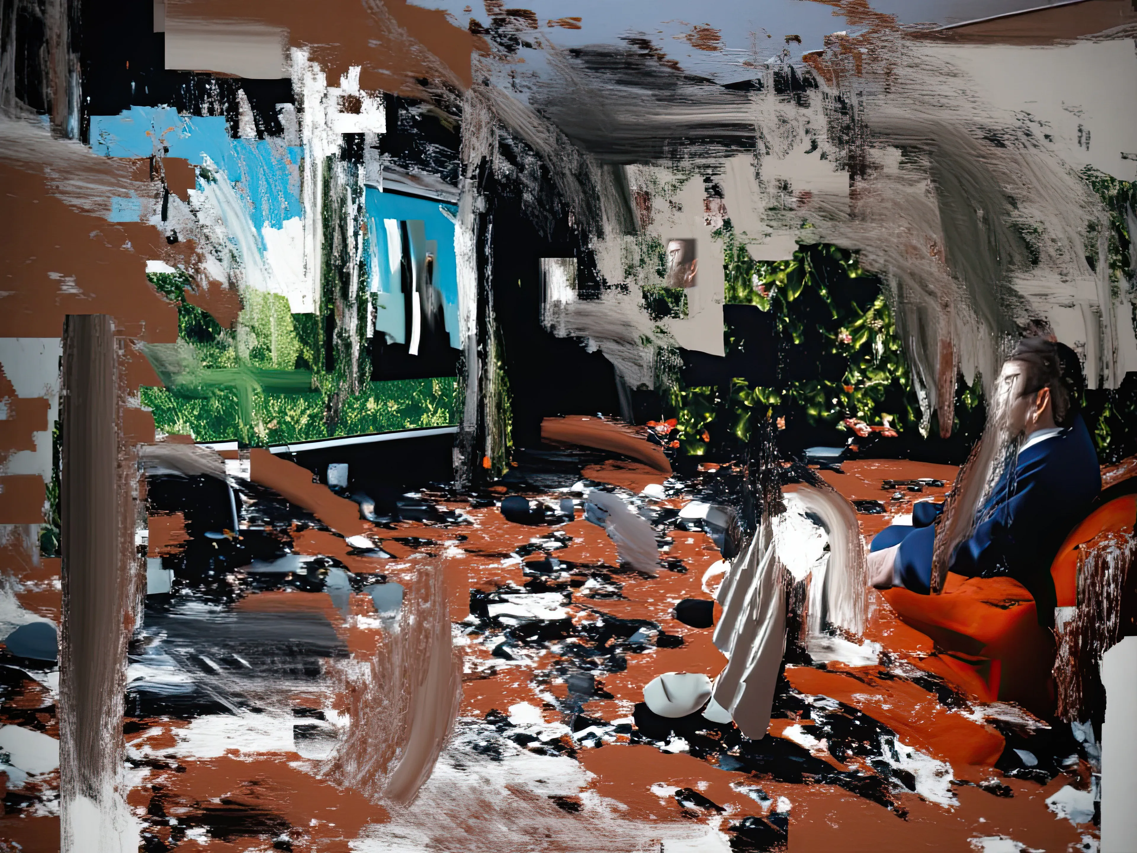 Living Room Extravaganza II by Harman is an AI-driven series based on the artist’s original postpaintings. These experimental works juxtapose serene domestic interiors with the chaos of conflict outside, creating a striking commentary on detachment, comfort, and the fragility of modern life.