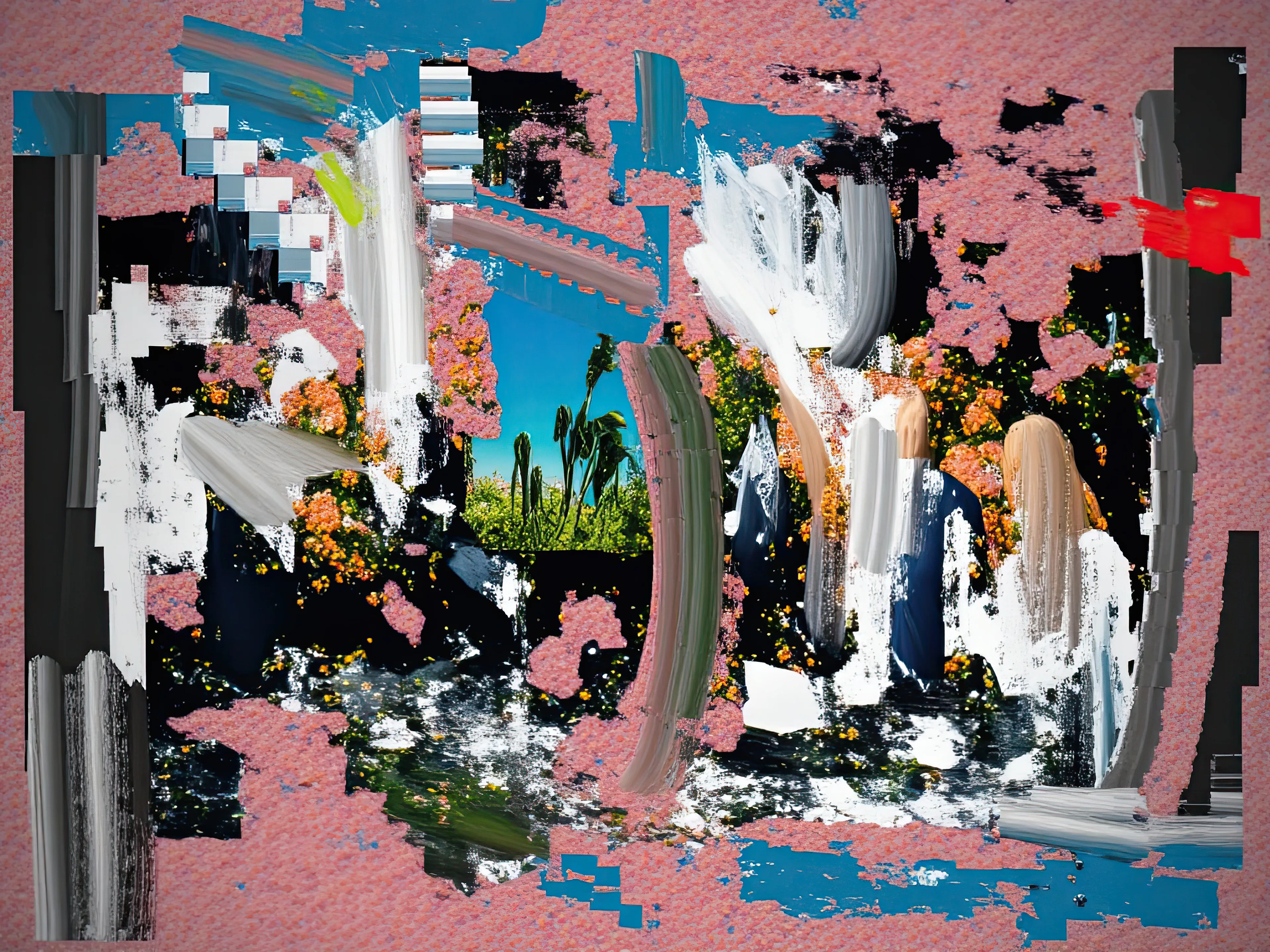 Living Room Extravaganza II by Harman is an AI-driven series based on the artist’s original postpaintings. These experimental works juxtapose serene domestic interiors with the chaos of conflict outside, creating a striking commentary on detachment, comfort, and the fragility of modern life.