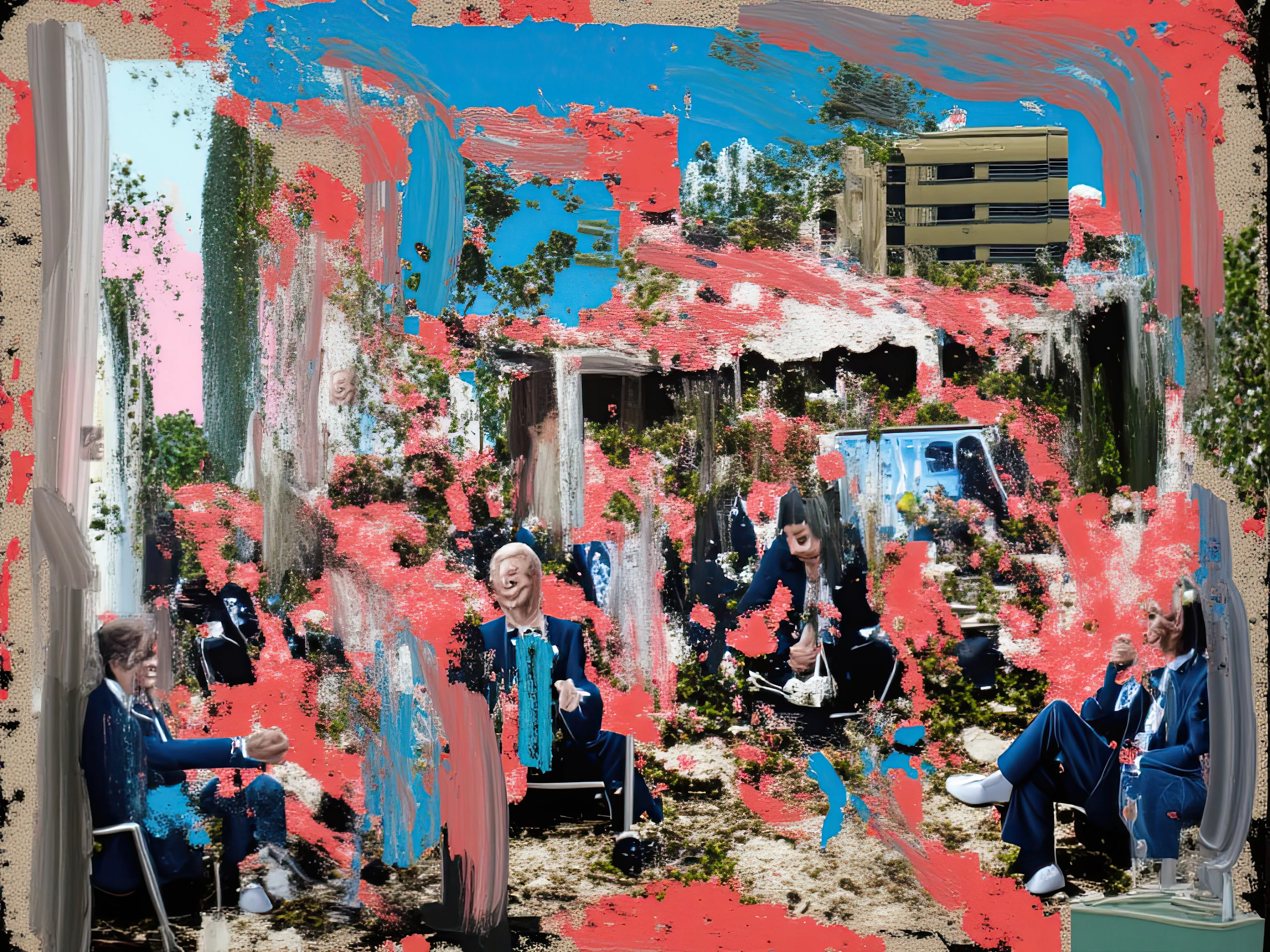Living Room Extravaganza II by Harman is an AI-driven series based on the artist’s original postpaintings. These experimental works juxtapose serene domestic interiors with the chaos of conflict outside, creating a striking commentary on detachment, comfort, and the fragility of modern life.
