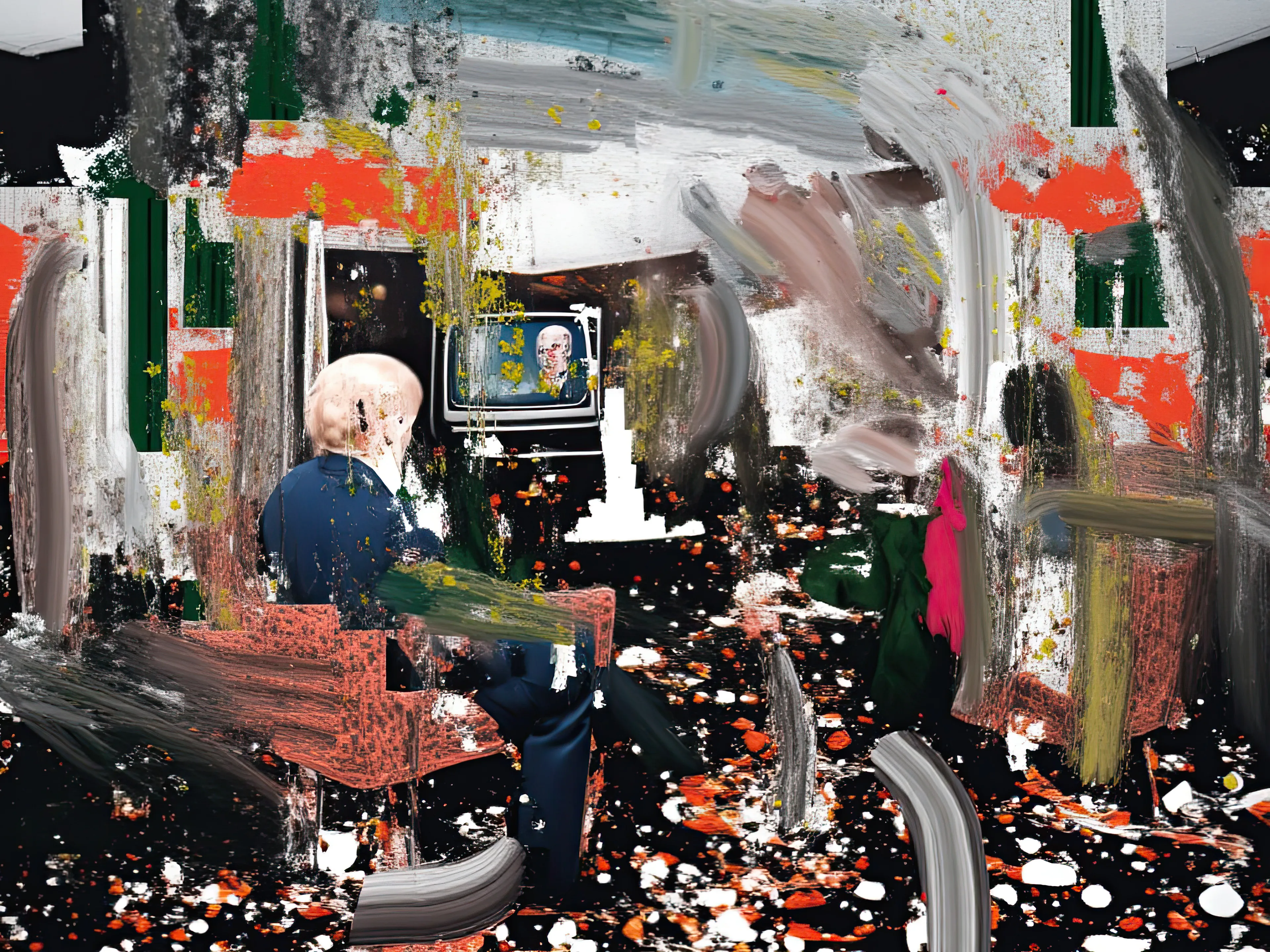 Living Room Extravaganza II by Harman is an AI-driven series based on the artist’s original postpaintings. These experimental works juxtapose serene domestic interiors with the chaos of conflict outside, creating a striking commentary on detachment, comfort, and the fragility of modern life.