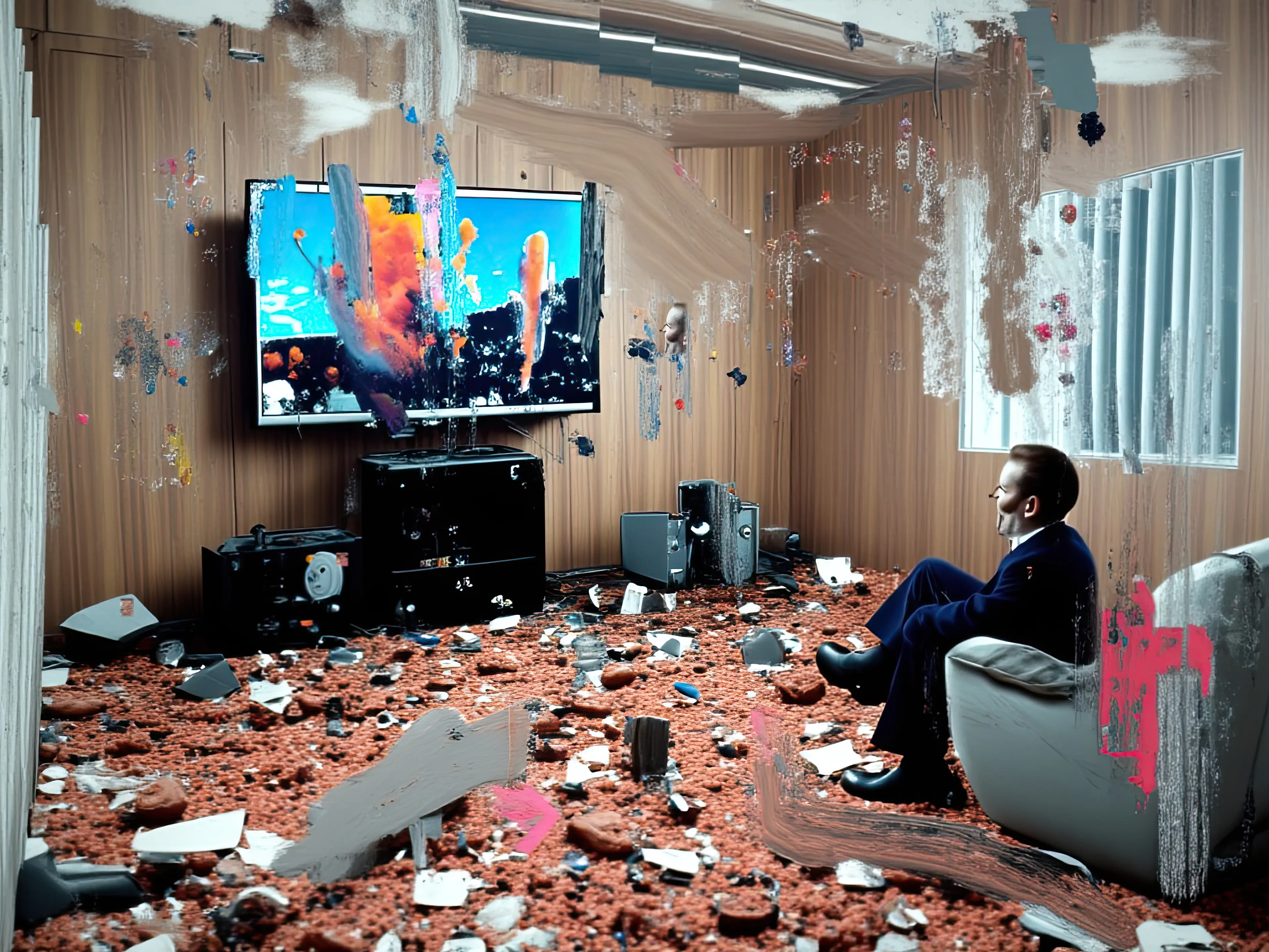 Living Room Extravaganza II by Harman is an AI-driven series based on the artist’s original postpaintings. These experimental works juxtapose serene domestic interiors with the chaos of conflict outside, creating a striking commentary on detachment, comfort, and the fragility of modern life.