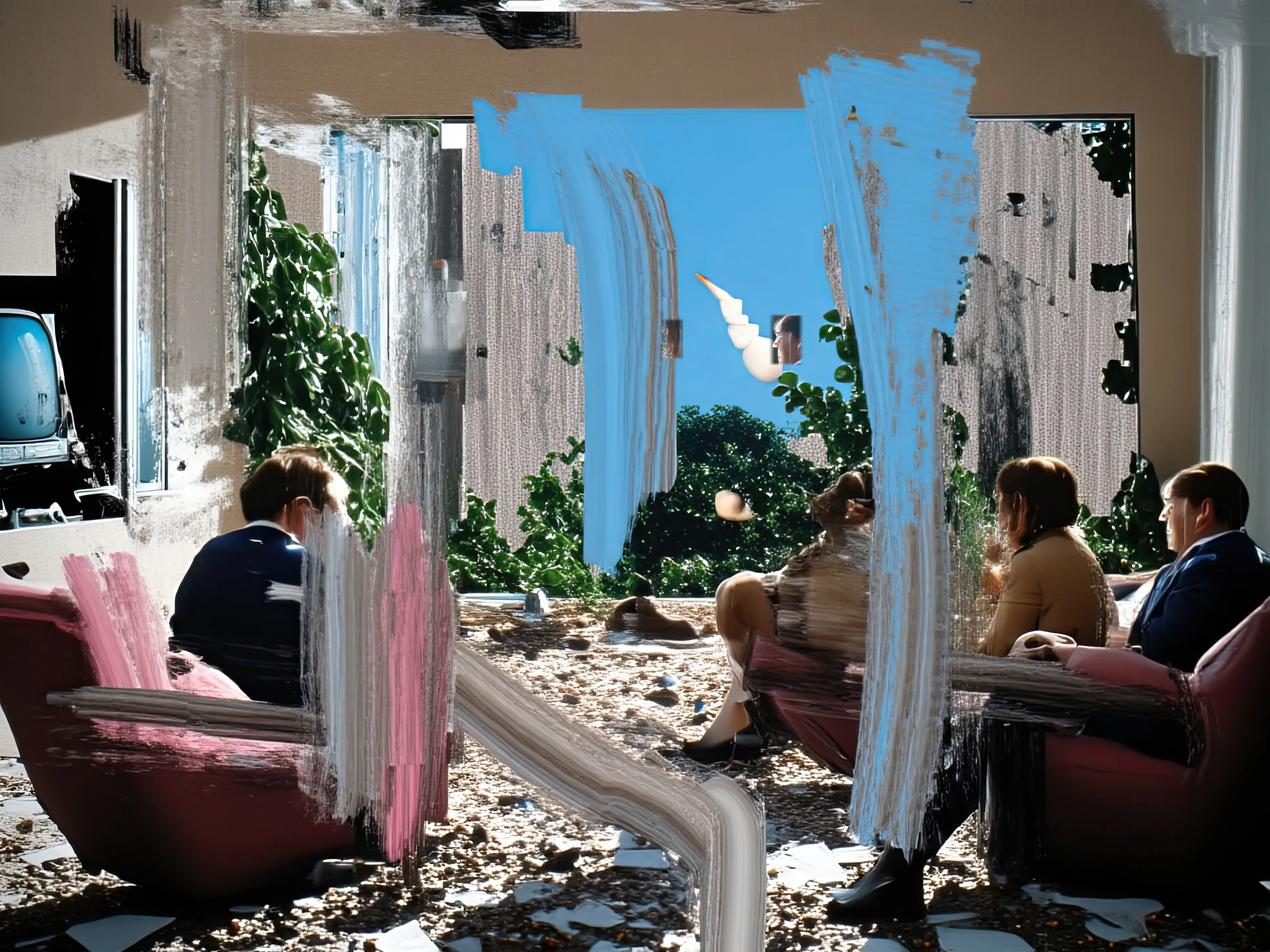 Living Room Extravaganza II by Harman is an AI-driven series based on the artist’s original postpaintings. These experimental works juxtapose serene domestic interiors with the chaos of conflict outside, creating a striking commentary on detachment, comfort, and the fragility of modern life.