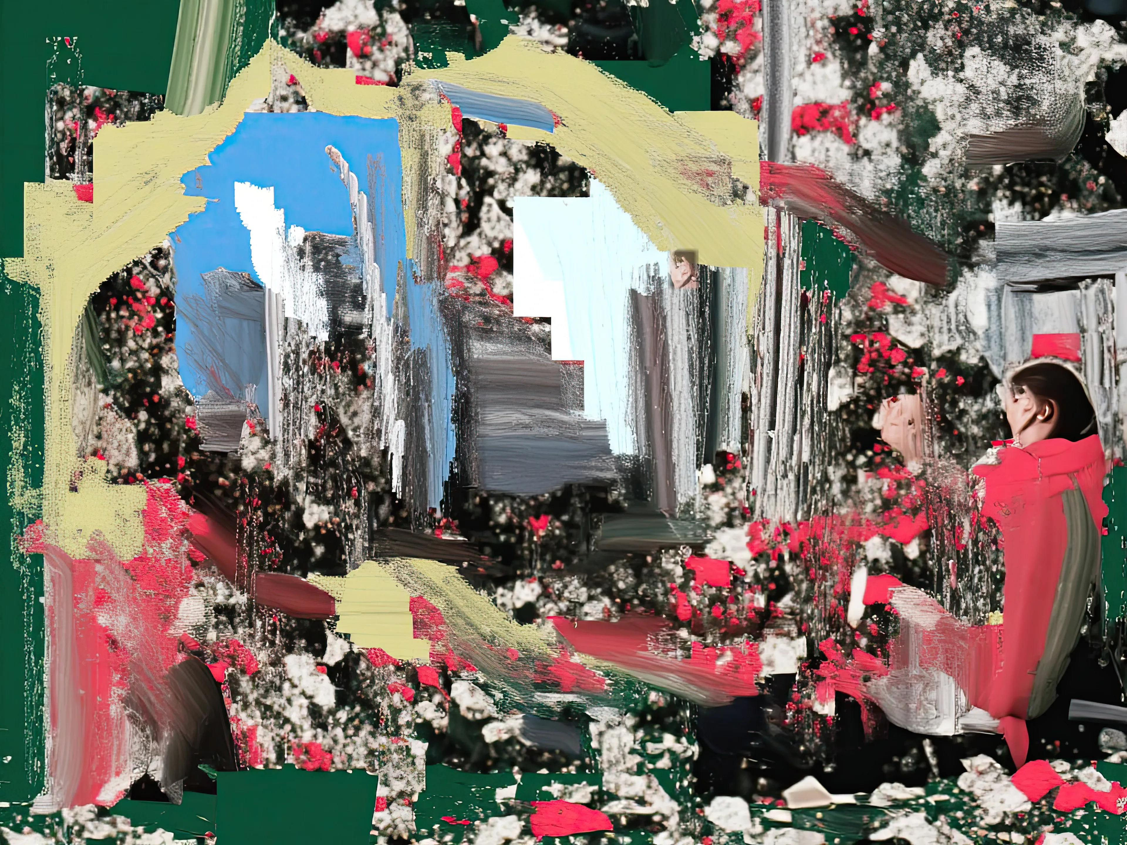 Living Room Extravaganza II by Harman is an AI-driven series based on the artist’s original postpaintings. These experimental works juxtapose serene domestic interiors with the chaos of conflict outside, creating a striking commentary on detachment, comfort, and the fragility of modern life.