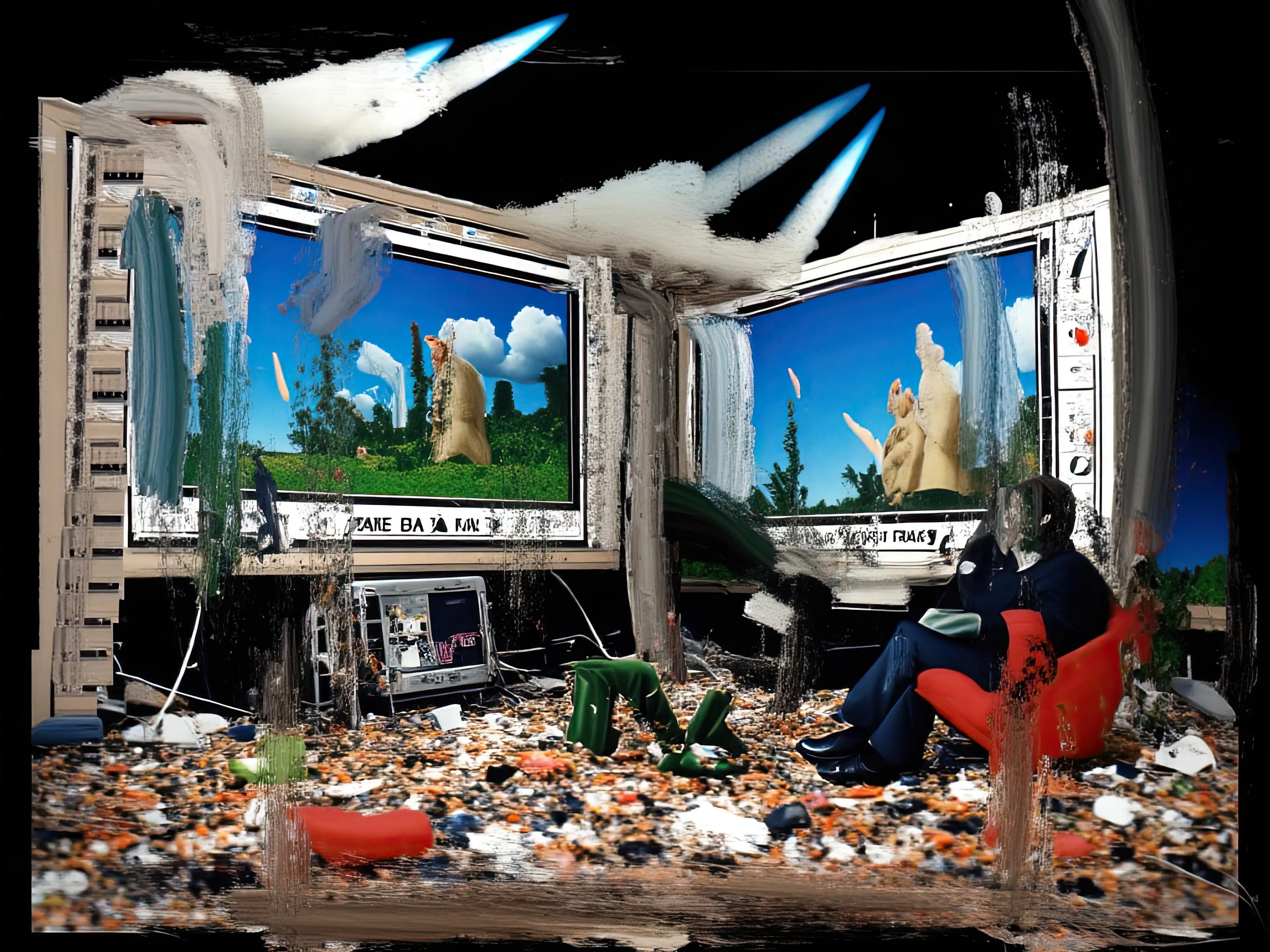 Living Room Extravaganza II by Harman is an AI-driven series based on the artist’s original postpaintings. These experimental works juxtapose serene domestic interiors with the chaos of conflict outside, creating a striking commentary on detachment, comfort, and the fragility of modern life.