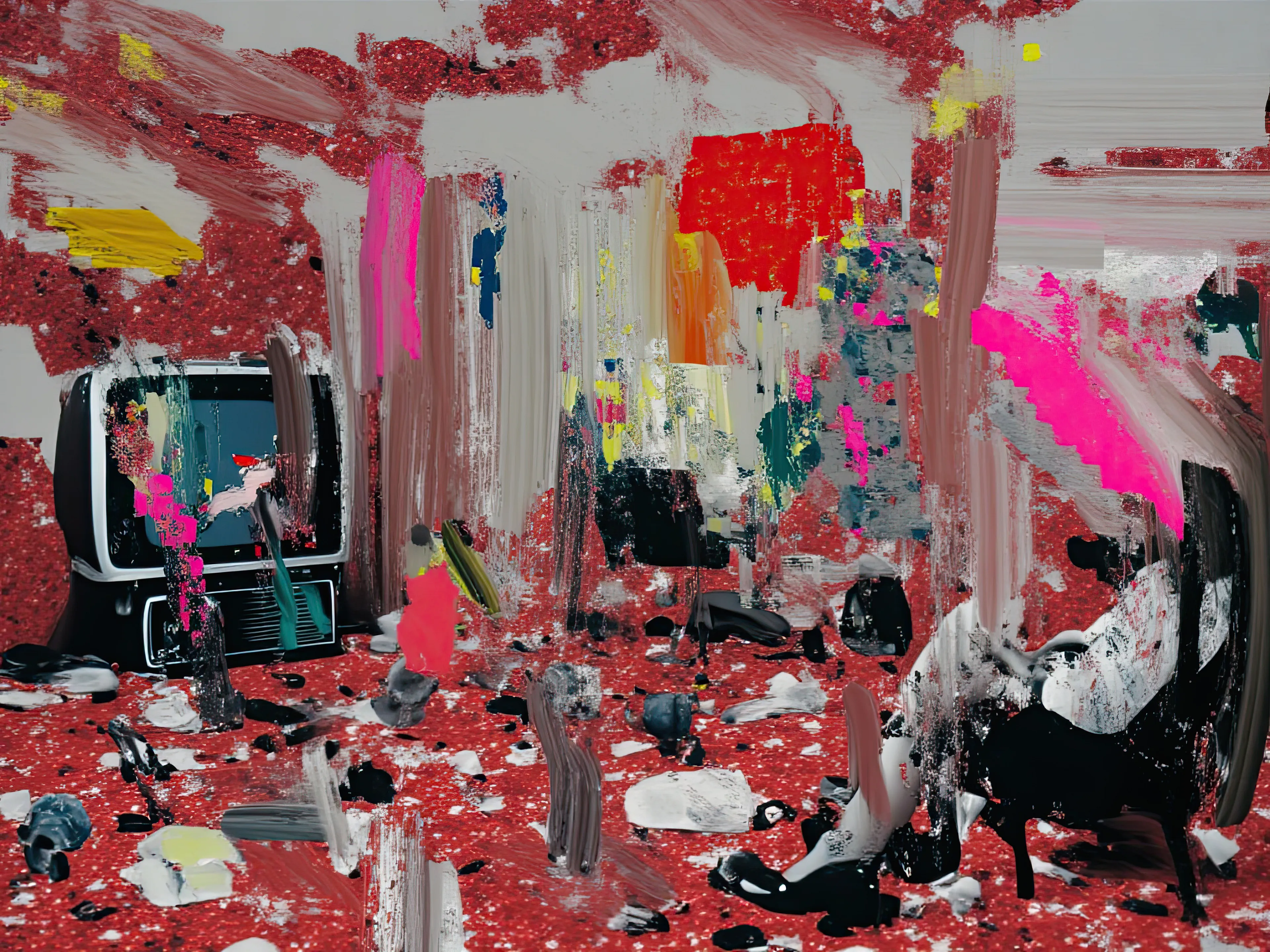 Living Room Extravaganza II by Harman is an AI-driven series based on the artist’s original postpaintings. These experimental works juxtapose serene domestic interiors with the chaos of conflict outside, creating a striking commentary on detachment, comfort, and the fragility of modern life.