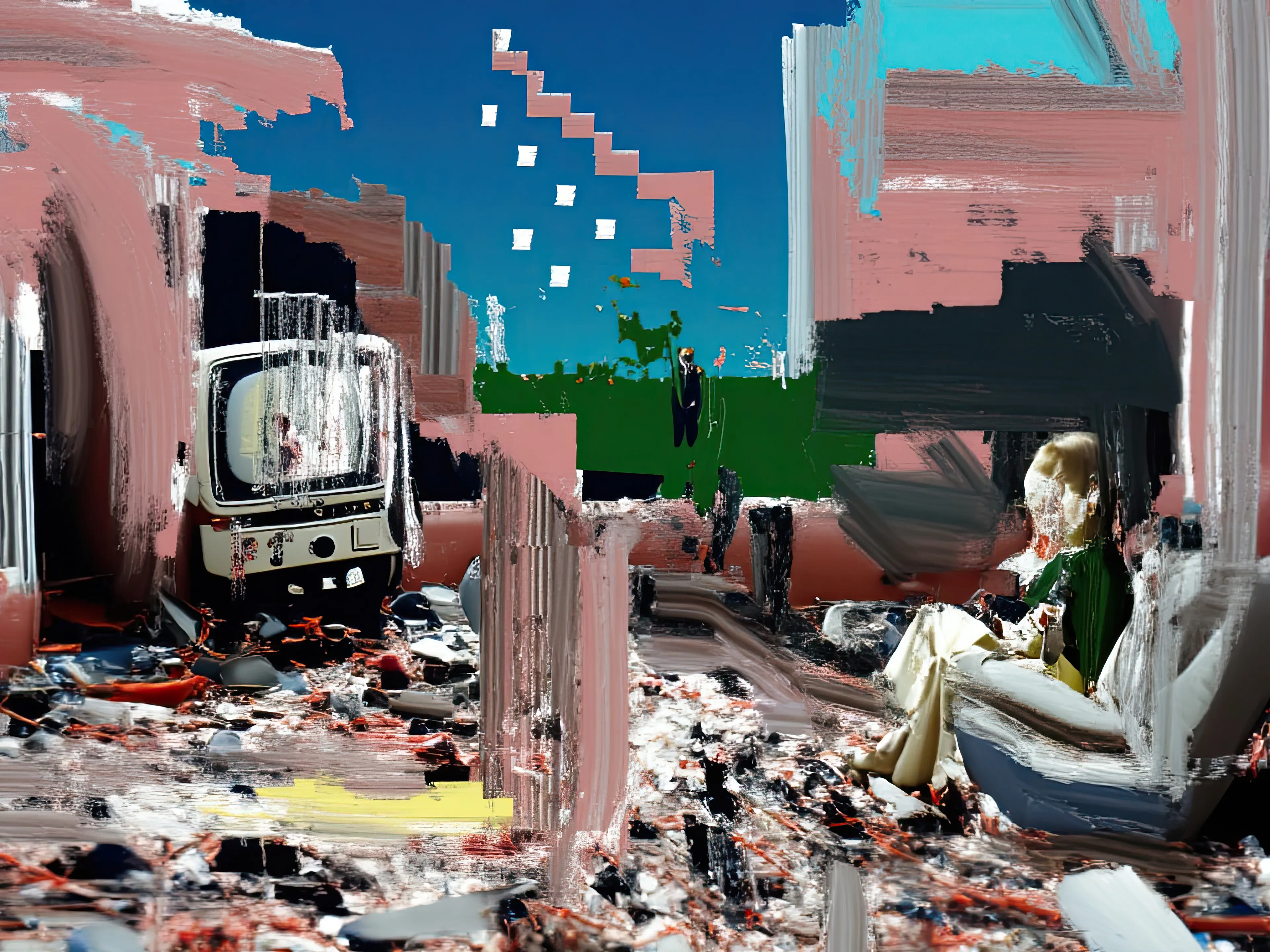 Living Room Extravaganza II by Harman is an AI-driven series based on the artist’s original postpaintings. These experimental works juxtapose serene domestic interiors with the chaos of conflict outside, creating a striking commentary on detachment, comfort, and the fragility of modern life.