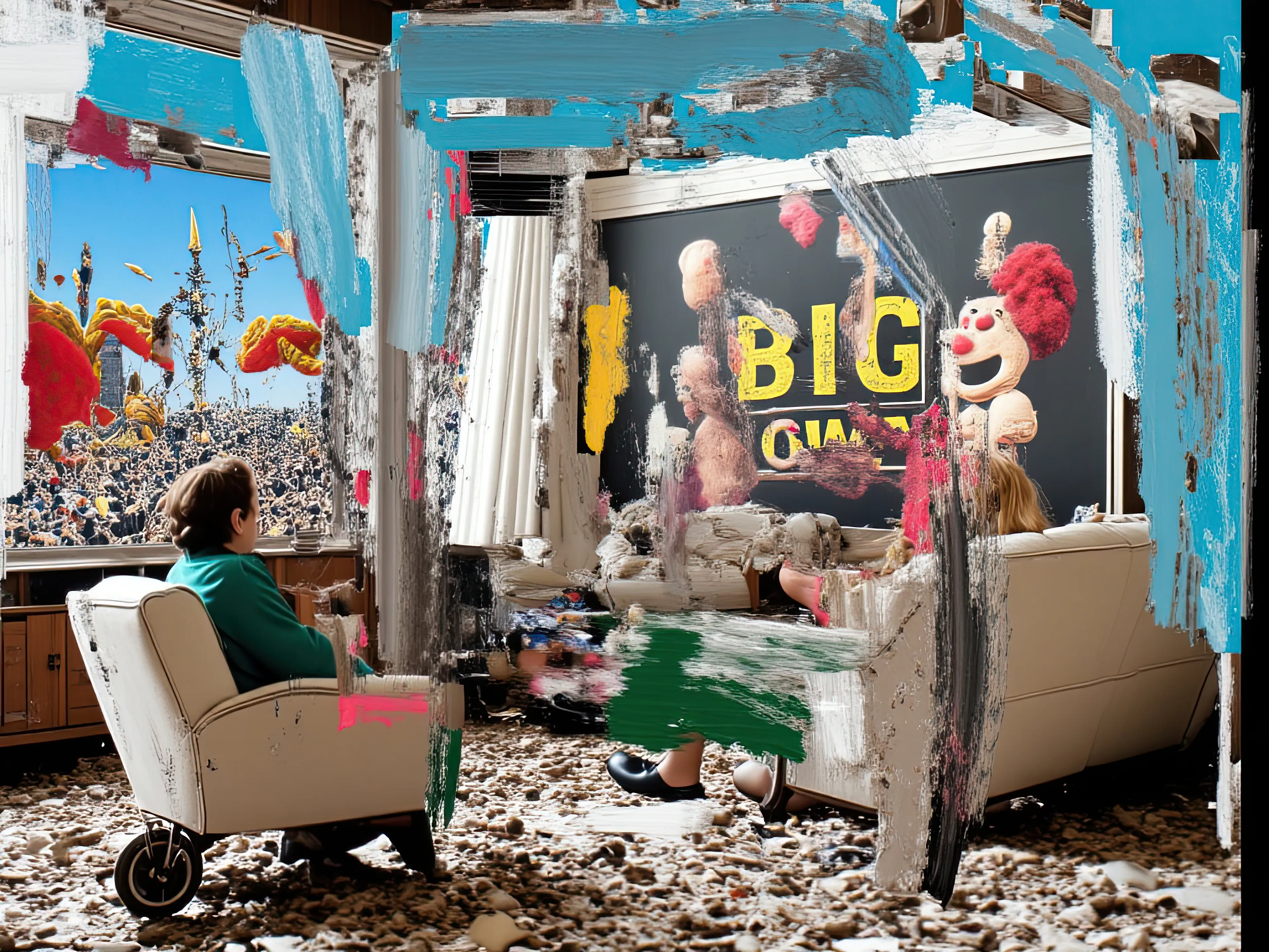 Living Room Extravaganza II by Harman is an AI-driven series based on the artist’s original postpaintings. These experimental works juxtapose serene domestic interiors with the chaos of conflict outside, creating a striking commentary on detachment, comfort, and the fragility of modern life.
