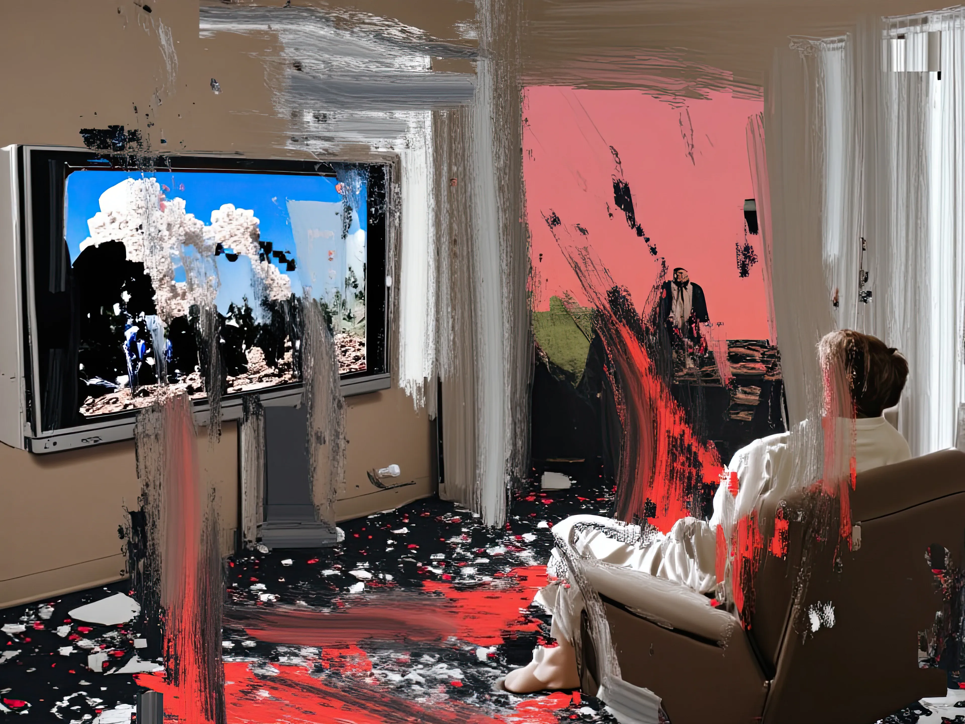 Living Room Extravaganza II by Harman is an AI-driven series based on the artist’s original postpaintings. These experimental works juxtapose serene domestic interiors with the chaos of conflict outside, creating a striking commentary on detachment, comfort, and the fragility of modern life.
