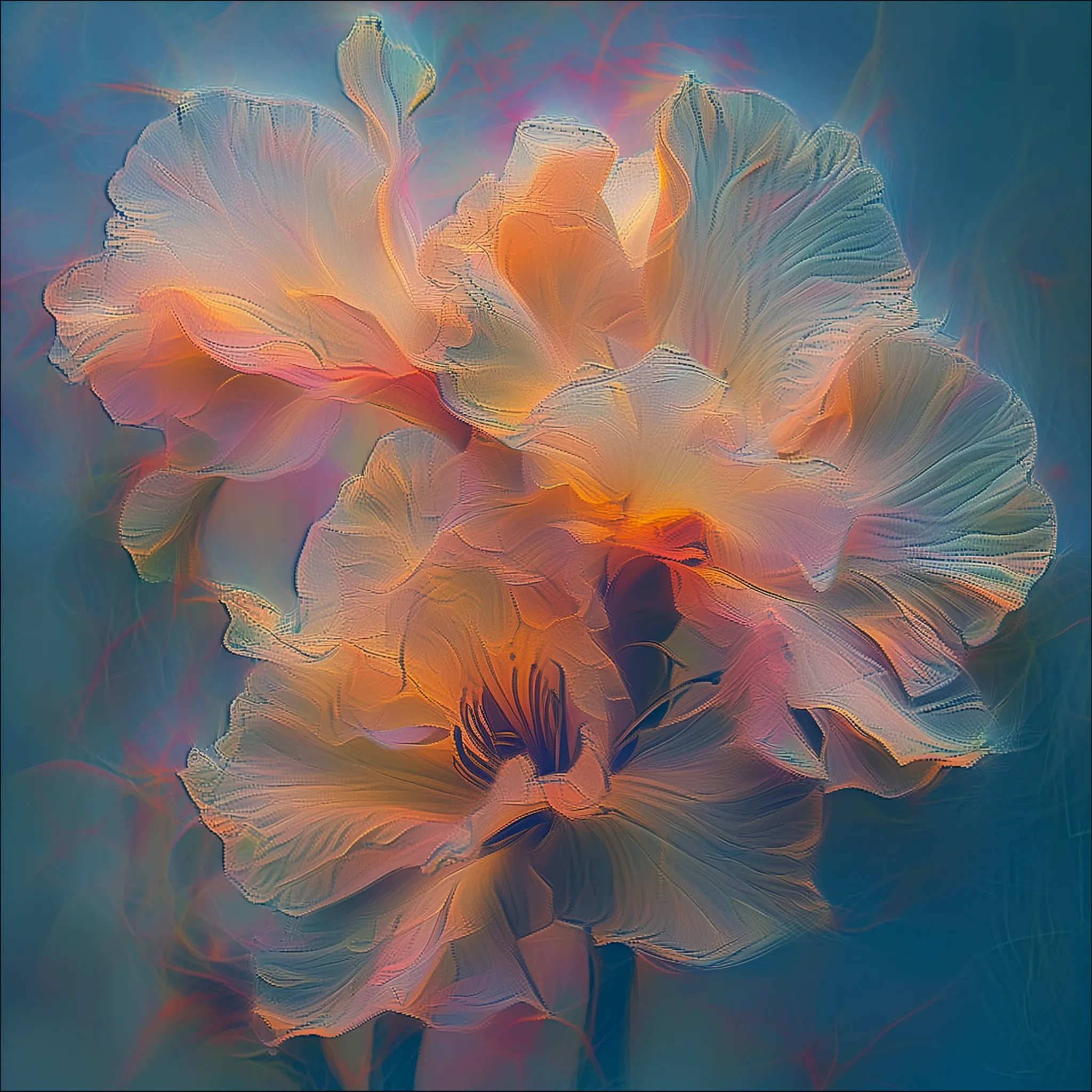 I created this piece with an interesting process:

1) Generated a few hundred flower pieces using MidJourney 6

2) Trained my own GANs model using the flowers pieces that I generated in Midjourney 

3) Created new flowers pieces in Midjourney 6, based on the GANs pieces
