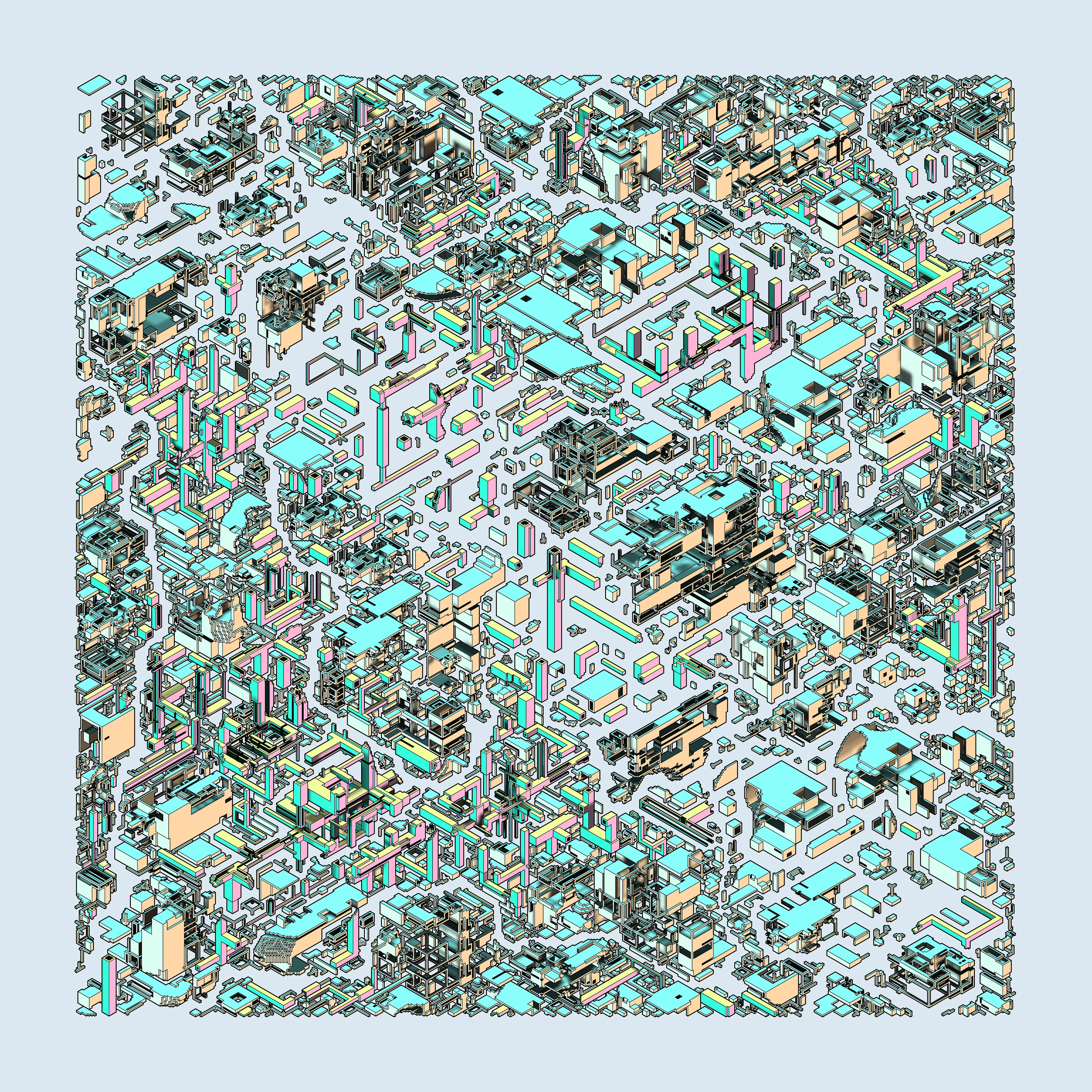 Generative geometry by Frederik Vanhoutte, @wblut | 10000 x 10000 PNG | February 2023 | One of 512 single image fictions of struggle and harmony, growth and decay, disease and healing, order and disorder | Structures and compositions inspired by cellular, organic, mineral, anthropogenic, geological complexity | Color palettes inspired by Albertus Seba, Ernst Haeckel & Adolf Giltsch, and Gottlob Werner & Patrick Syme