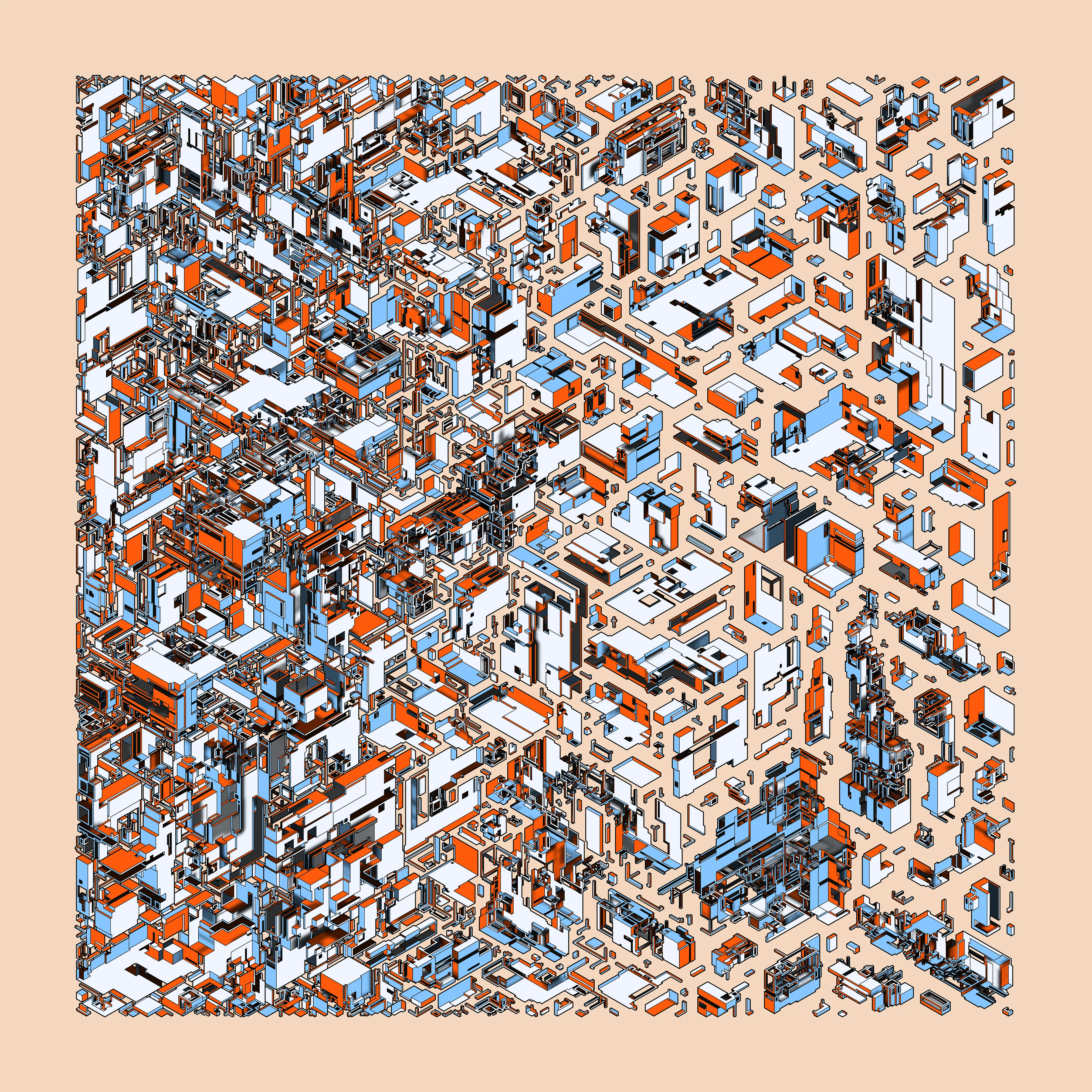 Generative geometry by Frederik Vanhoutte, @wblut | 10000 x 10000 PNG | February 2023 | One of 512 single image fictions of struggle and harmony, growth and decay, disease and healing, order and disorder | Structures and compositions inspired by cellular, organic, mineral, anthropogenic, geological complexity | Color palettes inspired by Albertus Seba, Ernst Haeckel & Adolf Giltsch, and Gottlob Werner & Patrick Syme