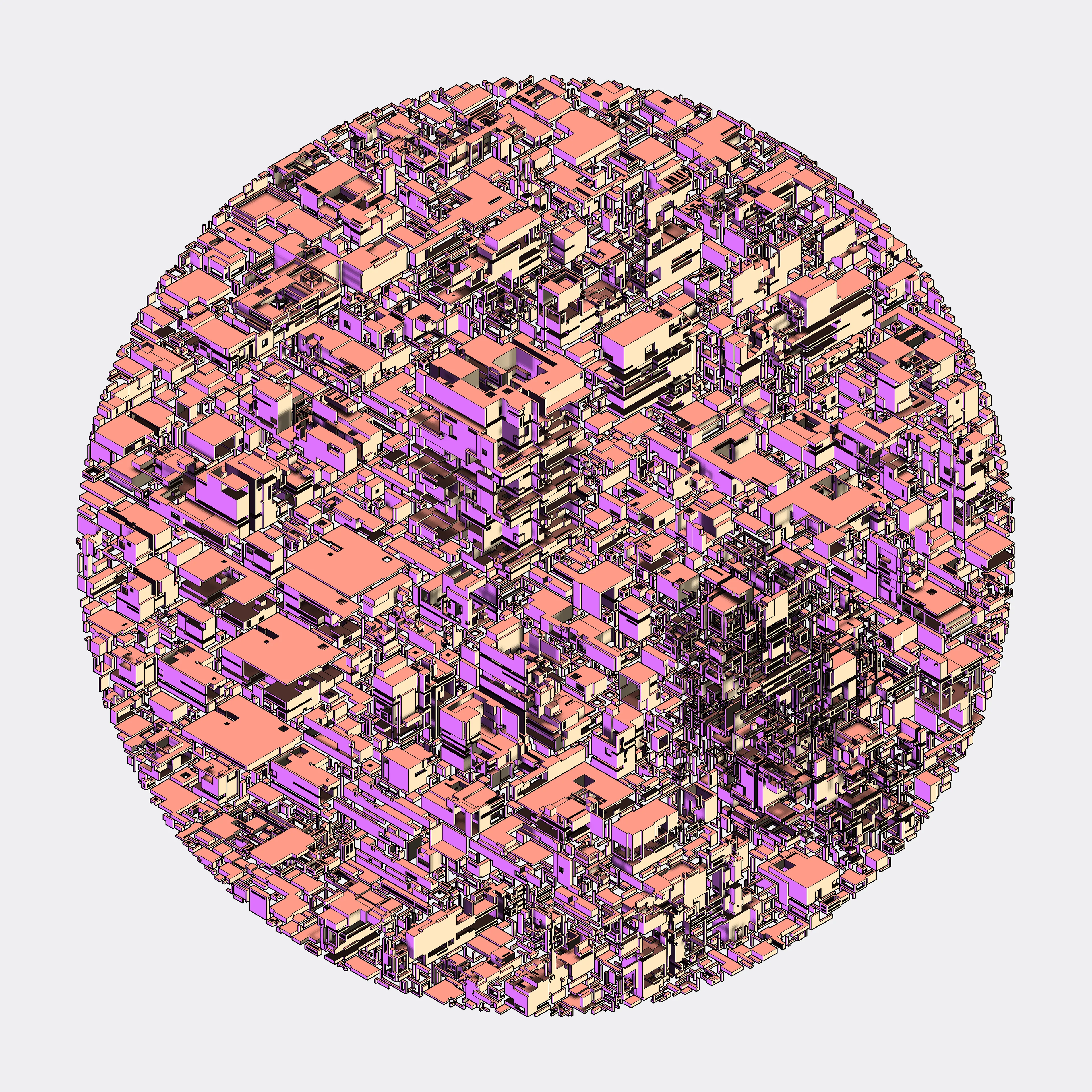 Generative geometry by Frederik Vanhoutte, @wblut | 10000 x 10000 PNG | February 2023 | One of 512 single image fictions of struggle and harmony, growth and decay, disease and healing, order and disorder | Structures and compositions inspired by cellular, organic, mineral, anthropogenic, geological complexity | Color palettes inspired by Albertus Seba, Ernst Haeckel & Adolf Giltsch, and Gottlob Werner & Patrick Syme