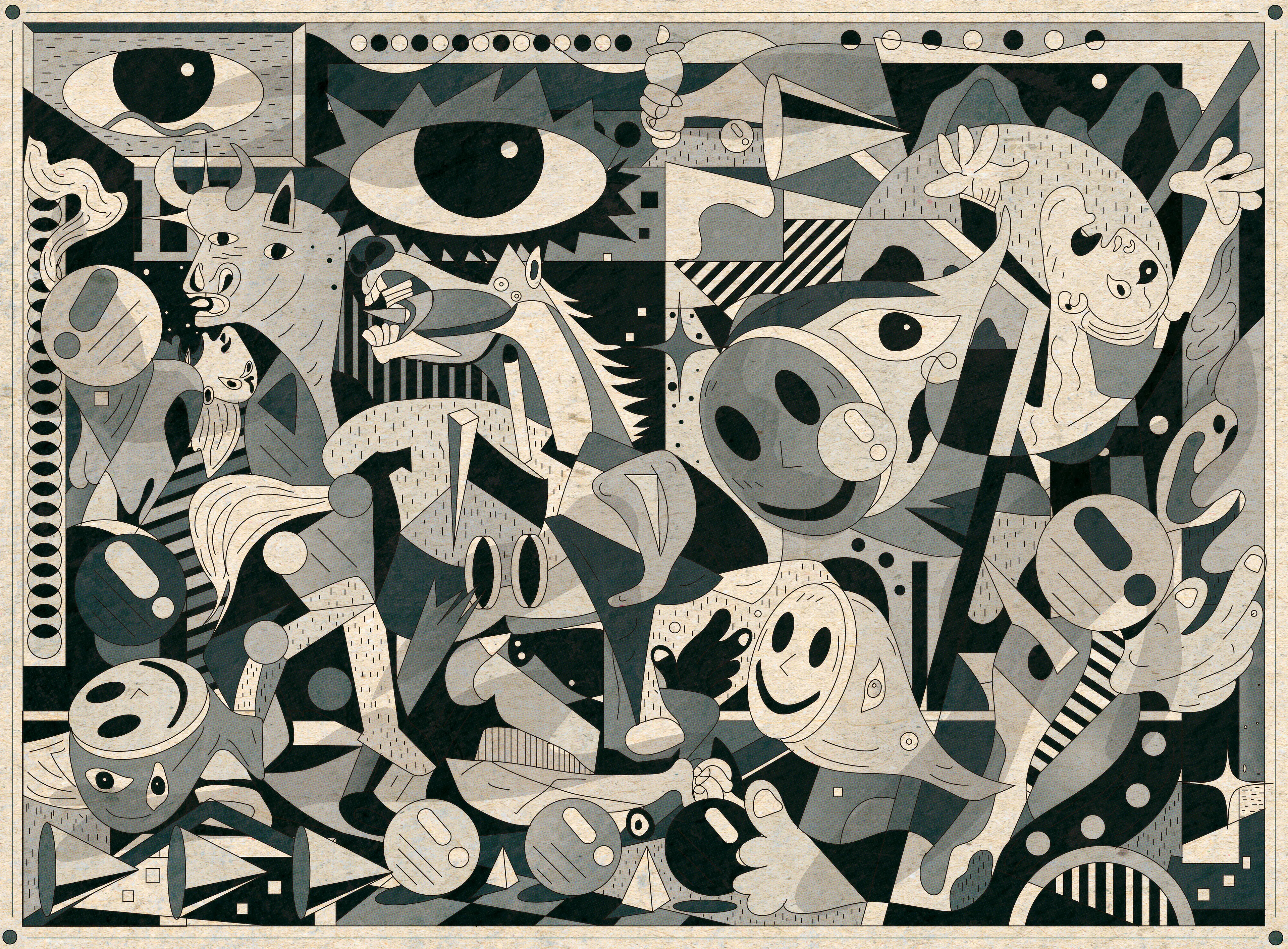 BOUBOY IN GUERNICA WORLD
I've taken you guys to many places. Today I will introduce myself to some of the masterpieces of my beloved artists.

This is the first black and white work and is not often done. It's very special to me. My main inspiration is Guernica by Picusso.

hope you enjoy it and continue fantasizing with me

Created by BOUBOY
5700x4200 px
300dpi