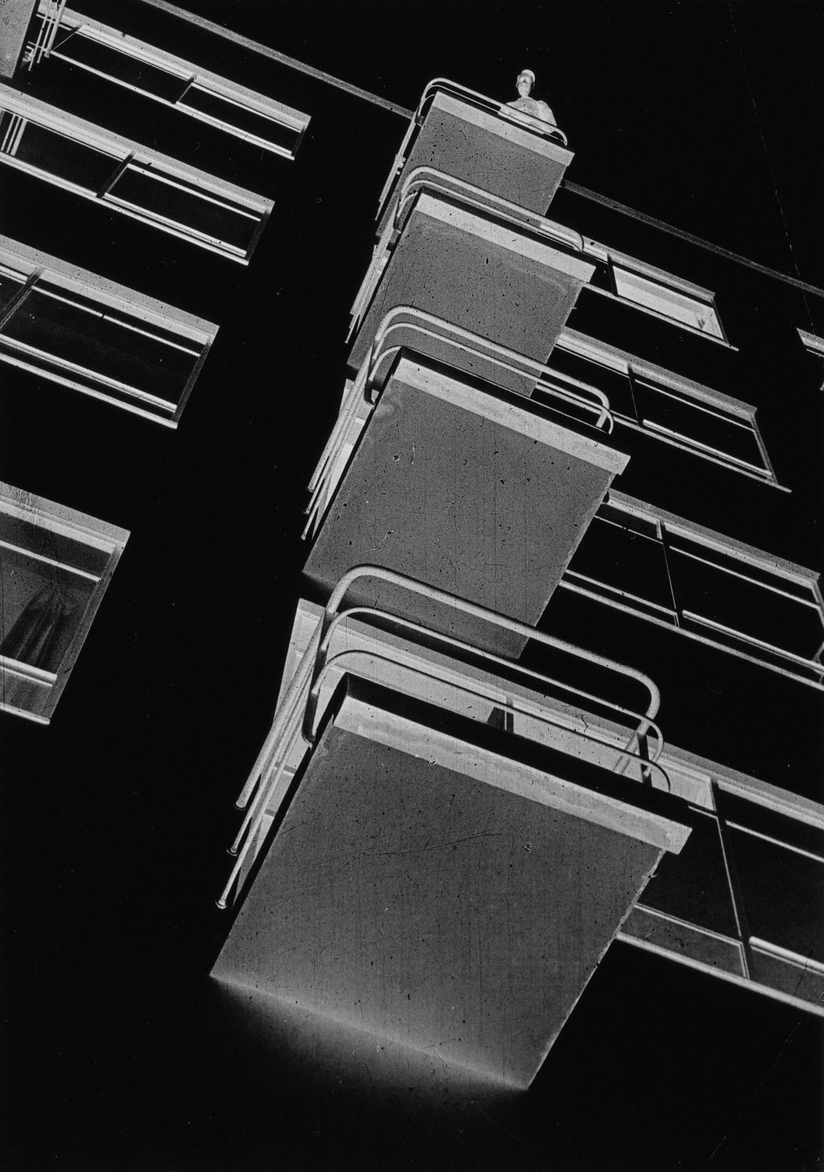 Bauhaus Photography.

Negative. The acutely angled view from below of the balconies on the studio building in the Dessau Bauhaus complex was a favorite motif that was used by several members of the Bauhaus, including László Moholy-Nagy.

The legacy of Hungarian artist Laszlo Moholy-Nagy is among the most cherished in the lineage of photographic art, and he can be defined as a visionary whose radical experiments with photography entirely re-imagined the possibilities for the medium. Working in the early 20th century when photography was not considered a form of high art, Moholy-Nagy actively sought to break down boundaries and find new languages of photographic discourse. In doing so, he left behind an oeuvre of visual ideas that have provided artistic license to a century’s worth of photographers to experiment boldly beyond the conventional definitions of what photography is expected to be.

Edition: 1 of 1