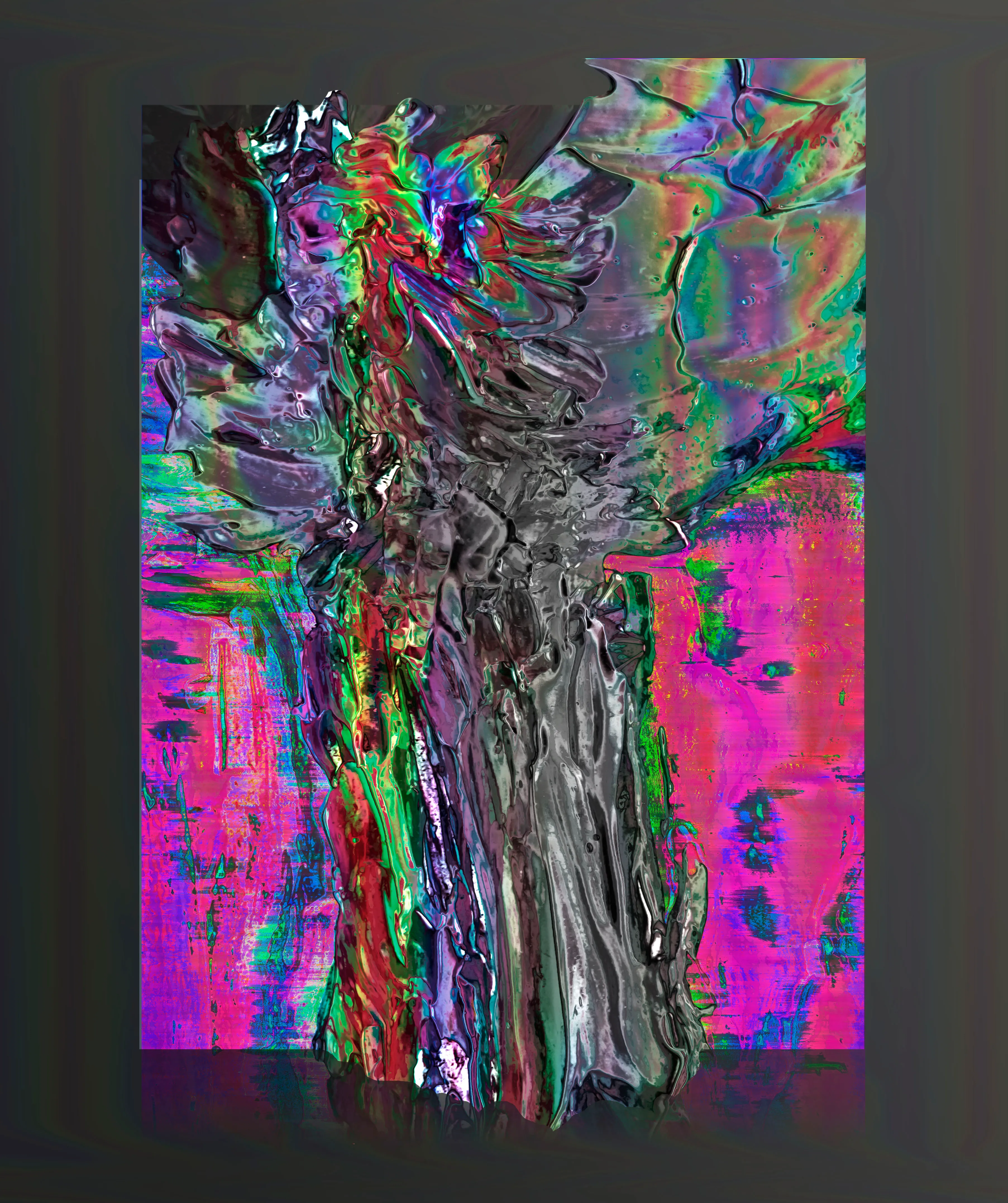 Digital collage; each element was achieved through several loop processes of physical painting, digital photography and sonification glitch techniques.