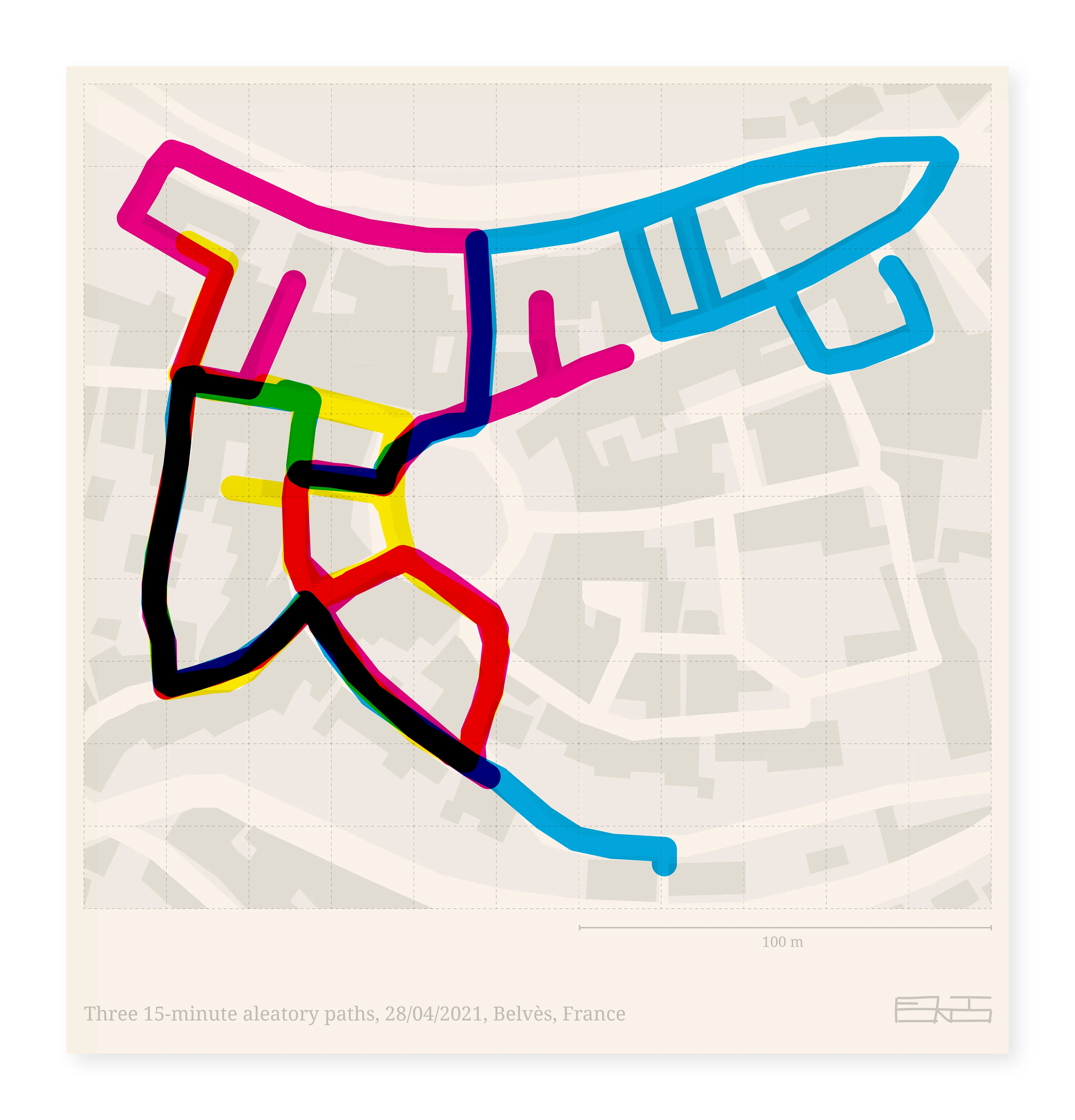 Detour is a random walking experiment. It consists of walking in the city with a dice in my pocket and, at each intersection, letting the dice decide where I go next. For each location I do several random itineraries during a set time limit. The path generates an abstract shape on the map.

Each walk has an anchor in time and space, it’s been executed in a specific location at a specific time, which makes the digital file not only unique but also tangible.

https://www.eltono.com/lab/projects/detour/